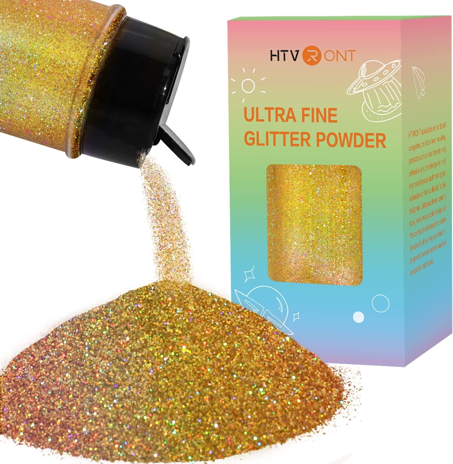 HTVRONT Holographic Fine Gold Glitter Powder - 50 g Extra Fine Glitter Powder, 1.76 oz Double-Duty Cap Resin Glitter for Nails, Candle Making, Crafts