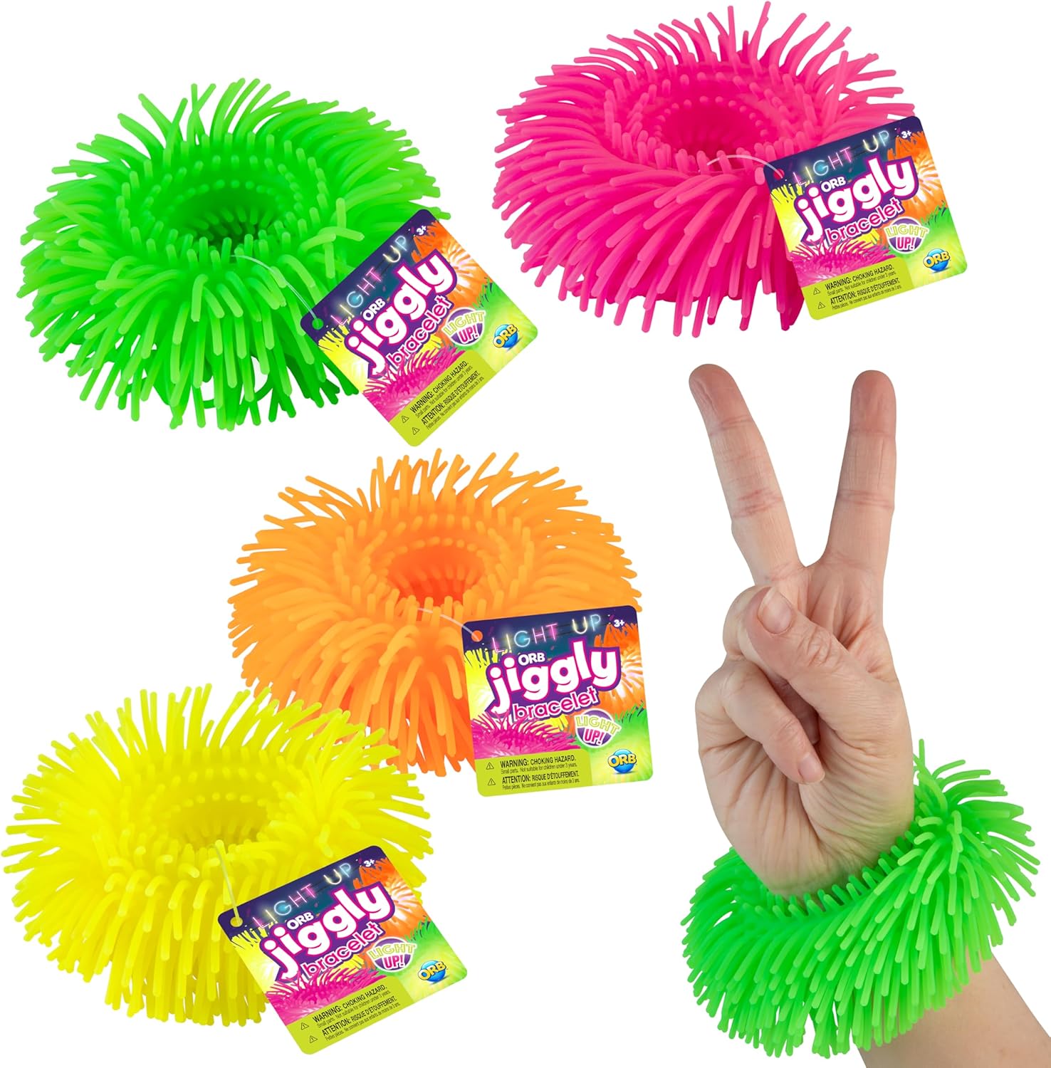 ORB Curiosities Light Up Jiggly Bracelet 4 Pack - Light Up These Wearable Squishy, Stretchy, Flexible, Fashionable Fidget / Sensory Bracelets for Kids & Adults - Soft, Tactile, Colorful Wrist Bands