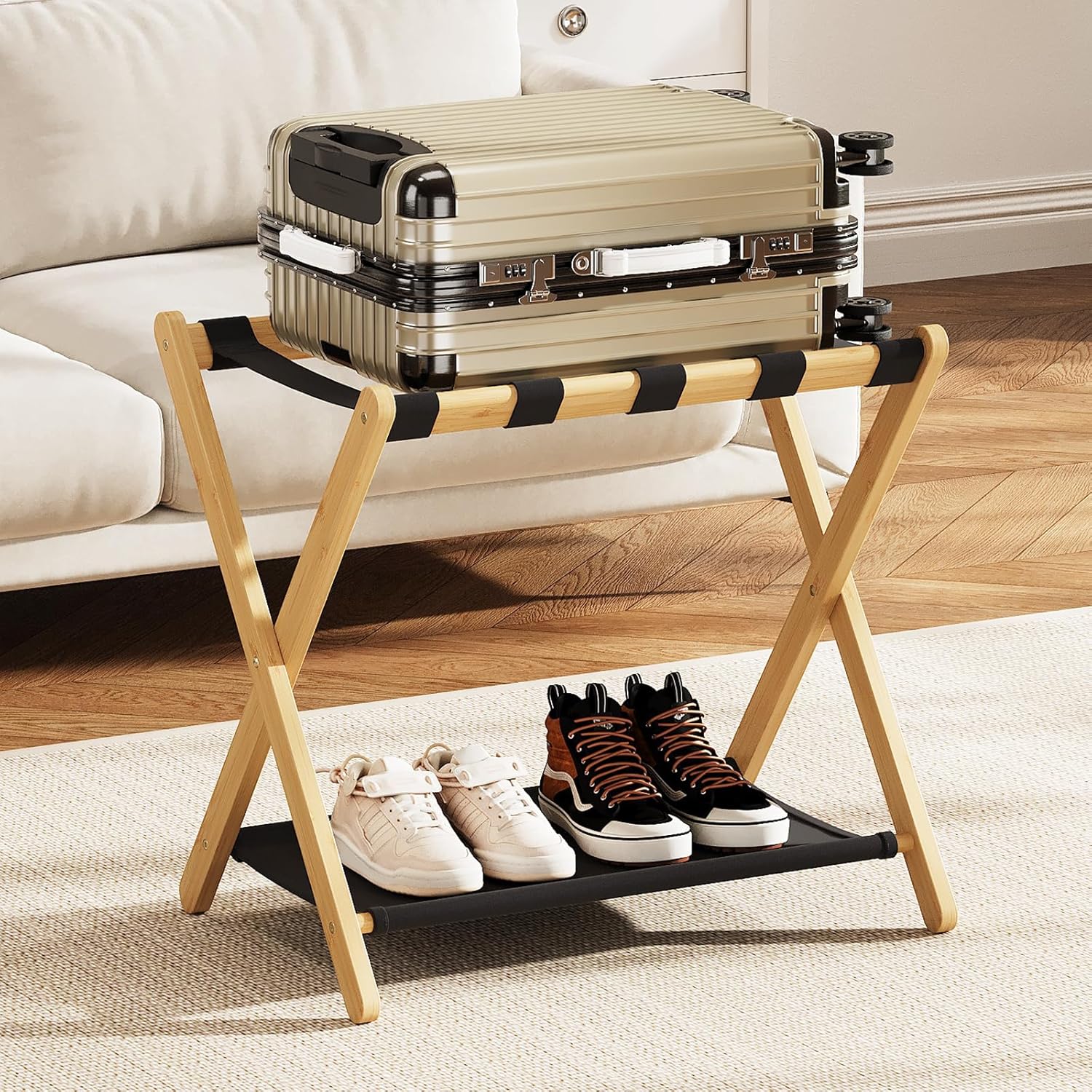 Fully Assembled Luggage Rack, 26.77" Natural Luggage Rack for Guest Room, Bamboo Folding Suitcase Stand with Fabric Storage Shelf, Heavy Duty 5 Nylon Straps Luggage Holder for Hotel, 1 Pack Wood -1pack