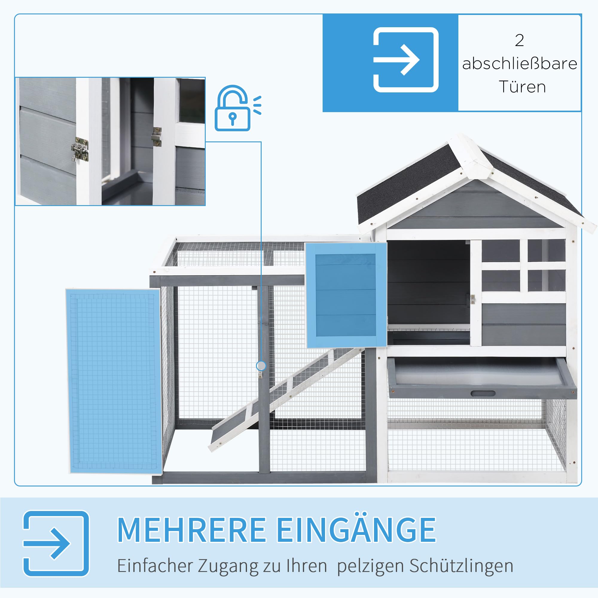 PawHut Hasenstall 2 Etagen aus Holz für Kaninchen 123,5x62,6x92,5 cm Grau | Wasserdichtes Bitumendach, Kaninchenstall, Kaninchenkäfig, Freilaufgehege, Rampe, Türen, Hasenkäfig, für Hühner Enten