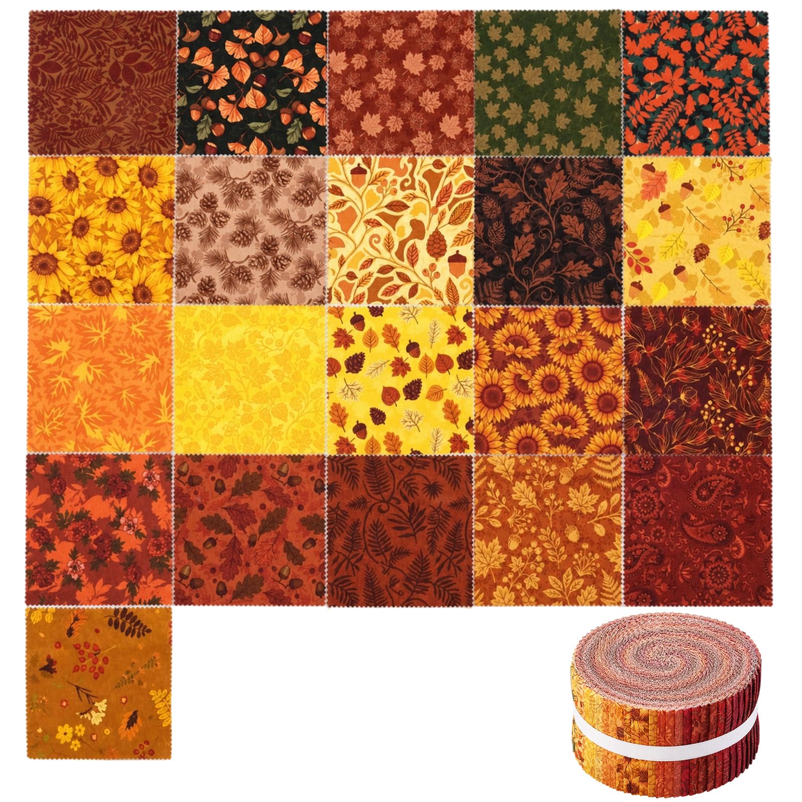 42Pcs Autumn Motifs Quilting Fabric Set, 12.7x12.7cm Pre-Cut Fabric Squares