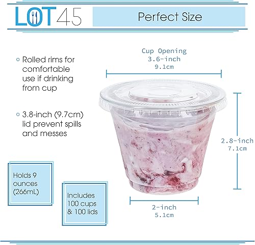 Miniatura 2 de Lot45 Vasos de postre de plástico con tapas, paquete de 100 vasos desechables de plástico transparente de 9 onzas y tapas para bebidas y aperitivos