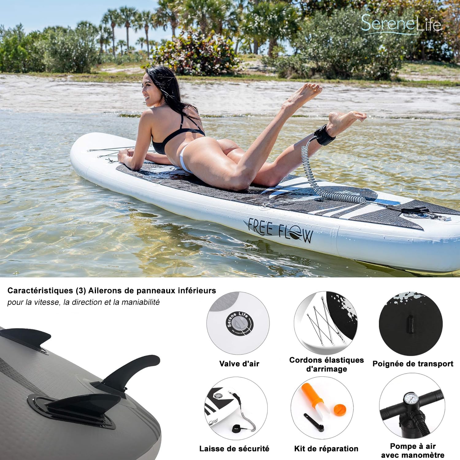 SereneLife Stand Up Paddle Gonflable Adulte 6” – Planche de Paddle avec Accessoires Sup, Sac de Transport, Pont Antidérapant, pour Mer, Lac, Rivière