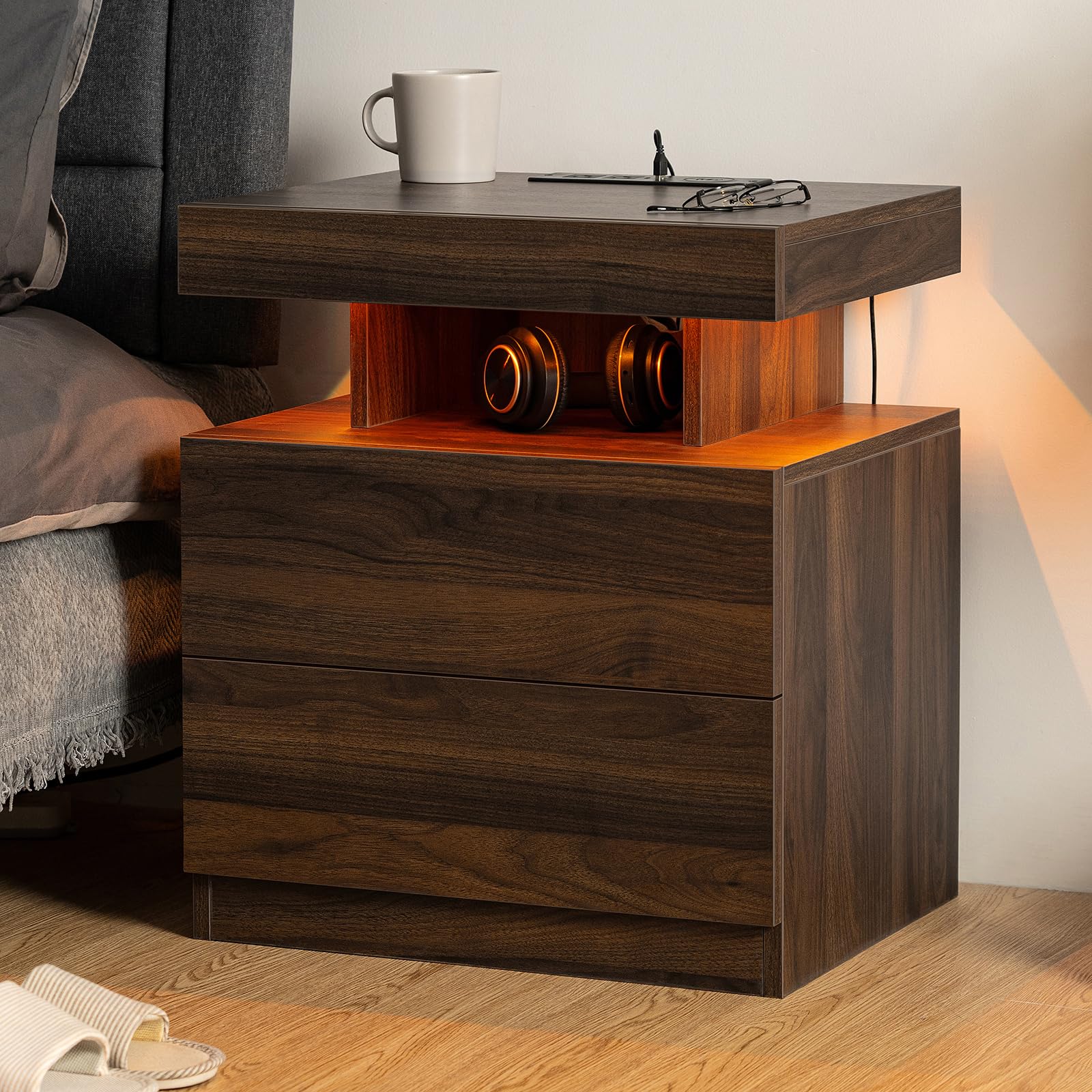 HOMMPA LED Nightstand with Wireless Charging Station & USB Ports, 2 Drawer Night Stand with LED Light RGB Adjustable Brightness, Smart Nightstand High