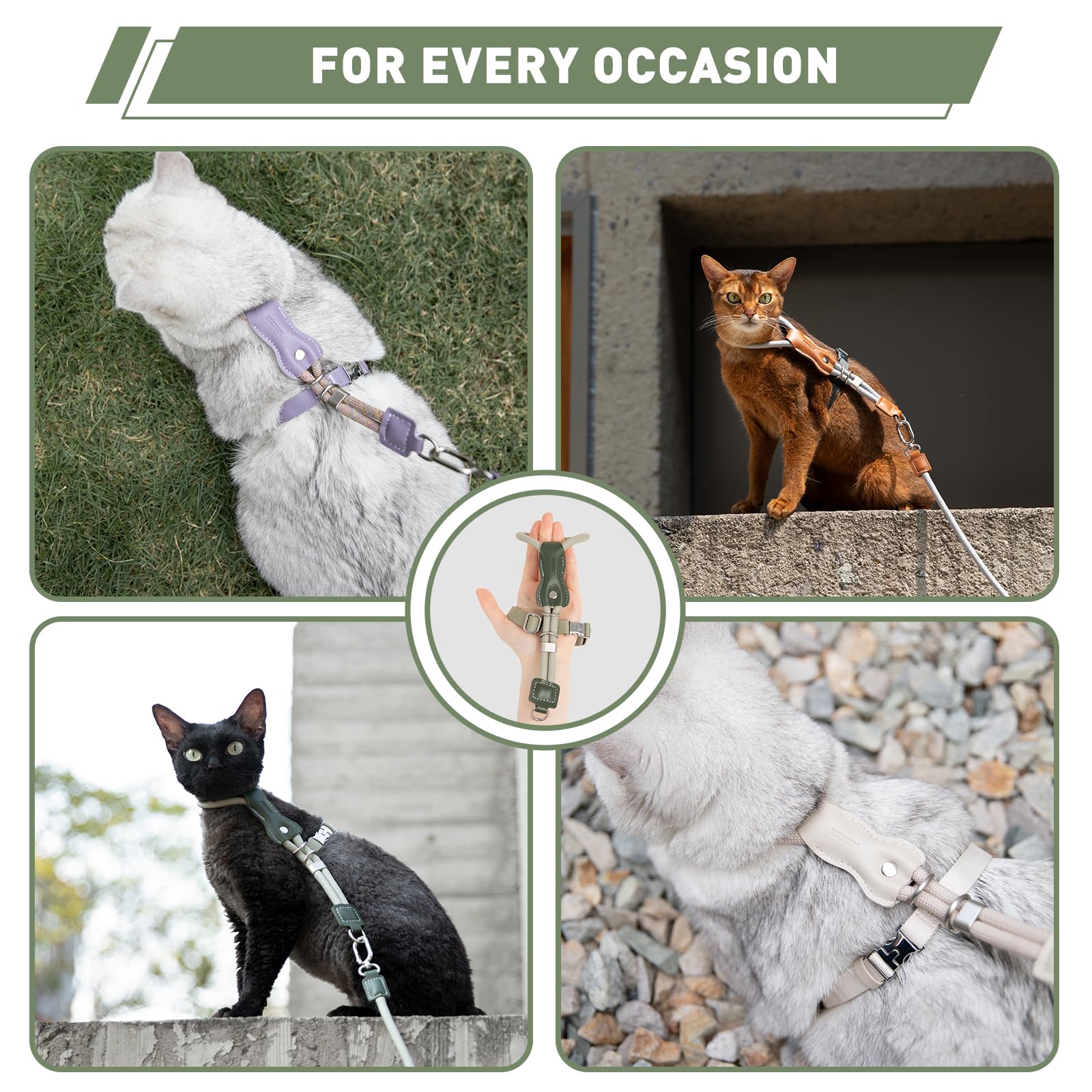 ETIAL Hochwertiges, verstellbares, ausbruchsicheres Katzengeschirr und Leine, Set mit Lederschieberücken, 1,3 m Nylonseil, Kreuzgurt, robuste Schnallen für sicheres Gehen, Olivgrün, Rückenlänge 8,9 cm