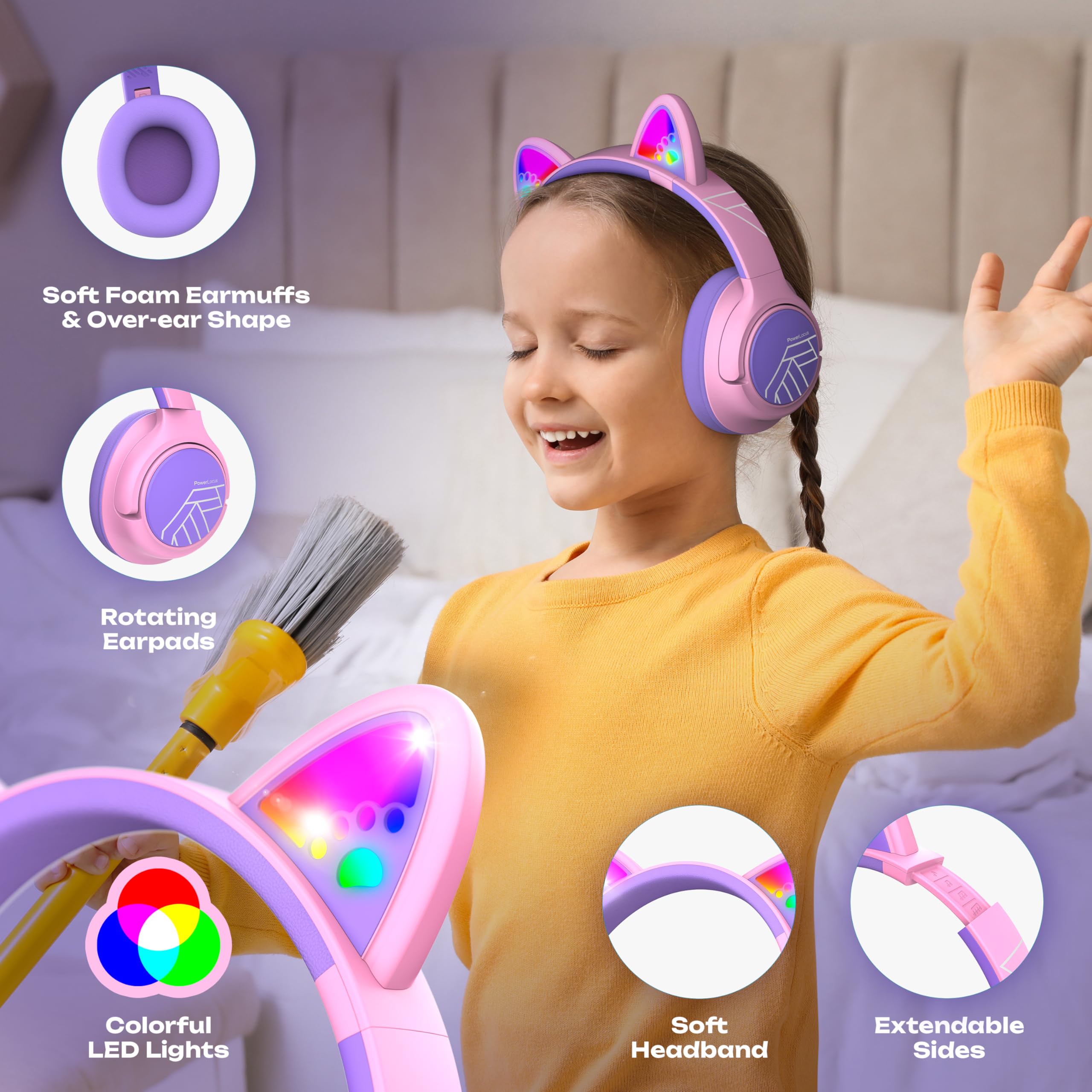 PowerLocus Kids Wireless Headphones, Bluetooth With LED Lights Over Ear