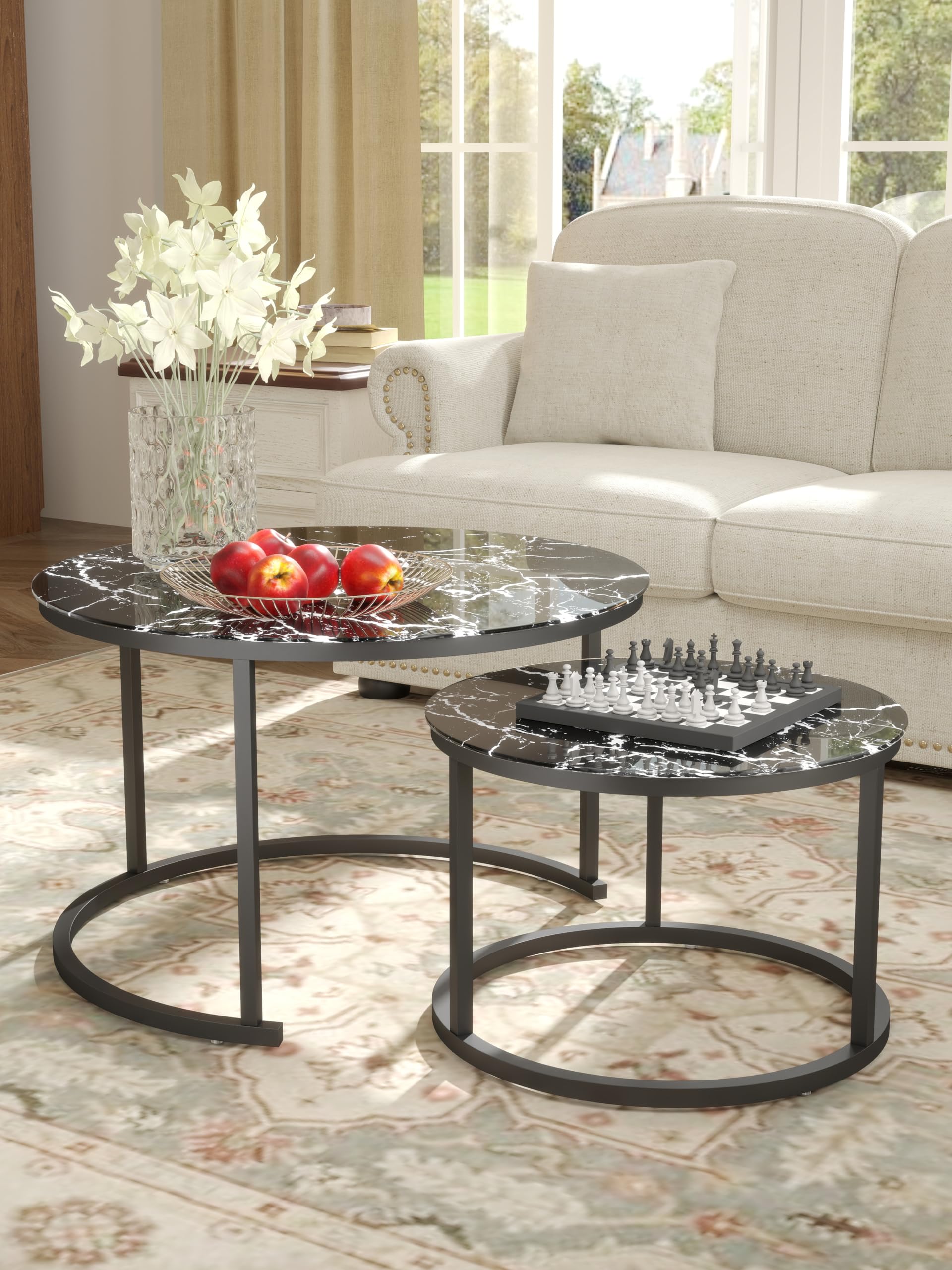 Tavolino Salotto Vetro Rotondo, Tavolo Soggiorno Vetro, Coffee Table 2 pezzi, Tavolino da Salotto Moderno con effetto marmo nero
