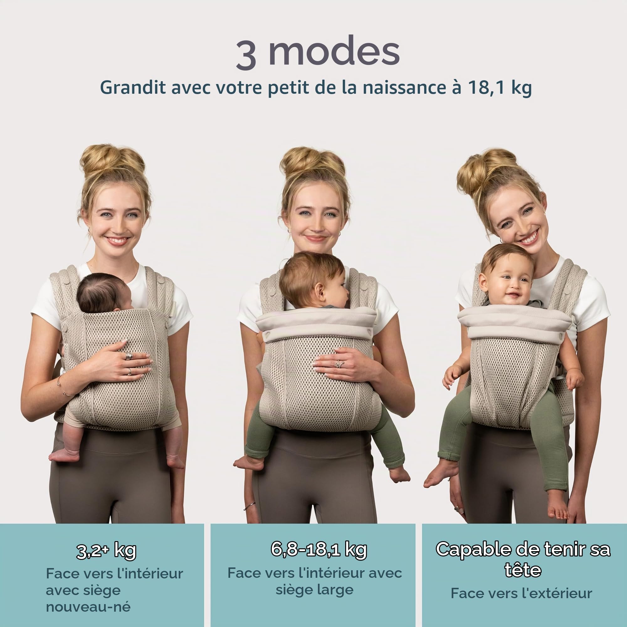 Infantino Honey Blossom Porte-Bébé Ergonomique Maille Respirante, 3,2–18,1 kg, Position en M, Assise Réglable, Moon Beam