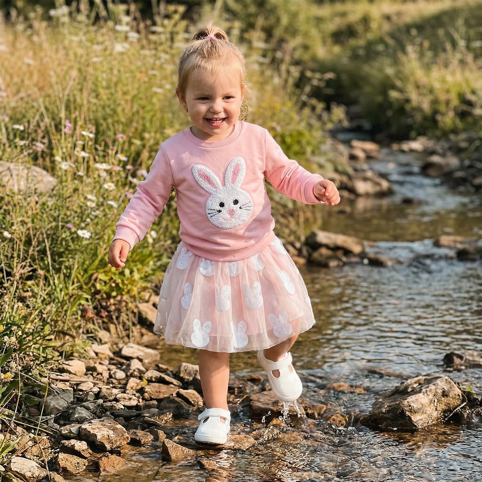 GXNRHG Kleinkind Baby Mädchen Ostern Outfit 2PCS Langarm Hase Bestickt Sweatshirt Tüll Tutu Rock Frühling Kleidung Set
