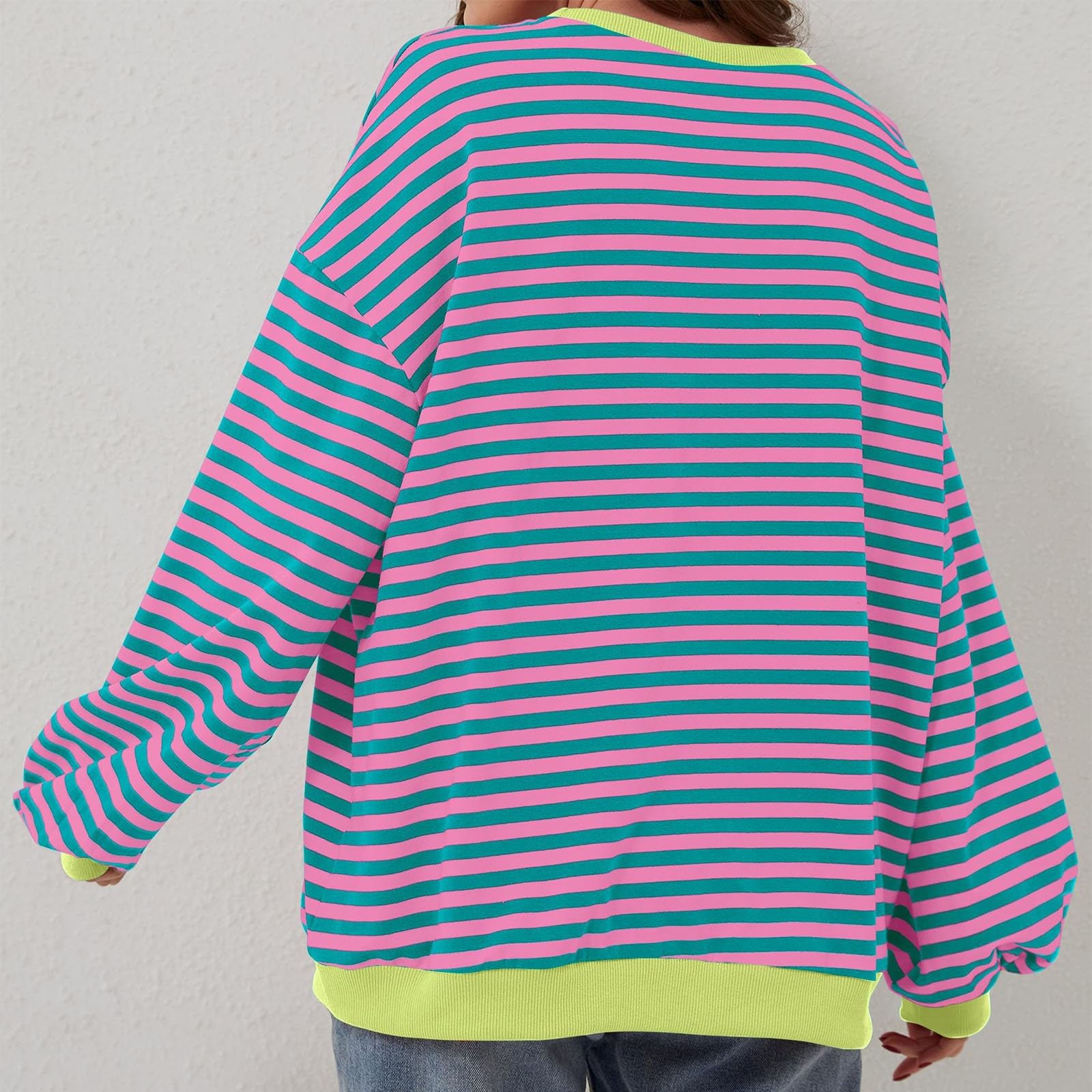 HUIFUAO Bluza damska w paski, kolorowa, pulower, casualowa, z okrągłym dekoltem, długim rękawem, oversize’owa
