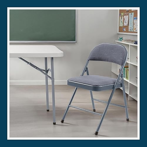 Miniatura 11 de OEF Furnishings Paquete de 4 sillas plegables de acero tapizadas de tela azul, asiento acolchado cómodo, marco recubierto de polvo de calibre 19,