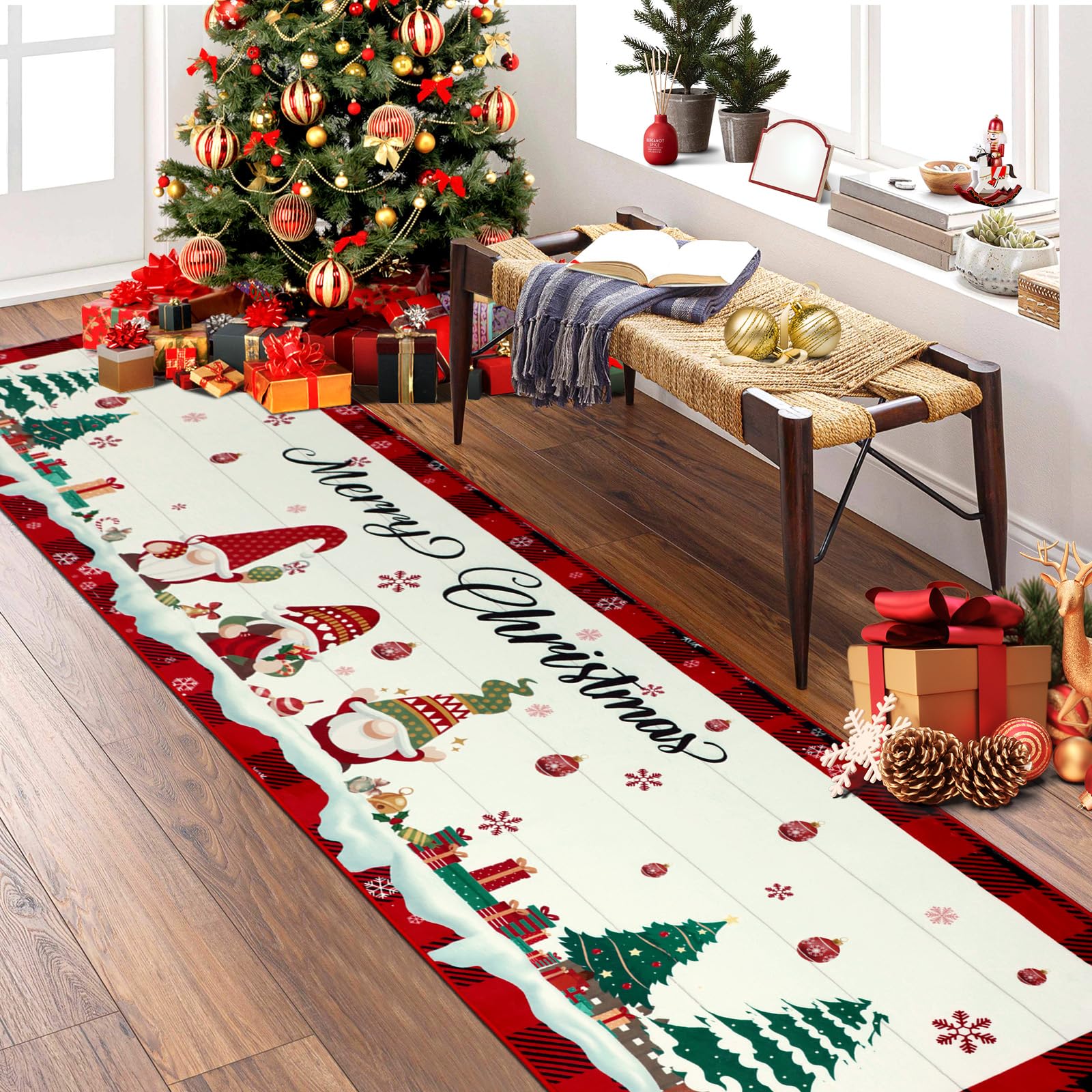 Natalizio Tappeto Runner Corridoio, Antiscivolo Lavabile Tappeto per Corridoio, Pelo Basso Tappeto Cucina Natalizio, Tappeto Passatoia per Ingresso, Lavanderia, Camera da Letto, 60x240cm