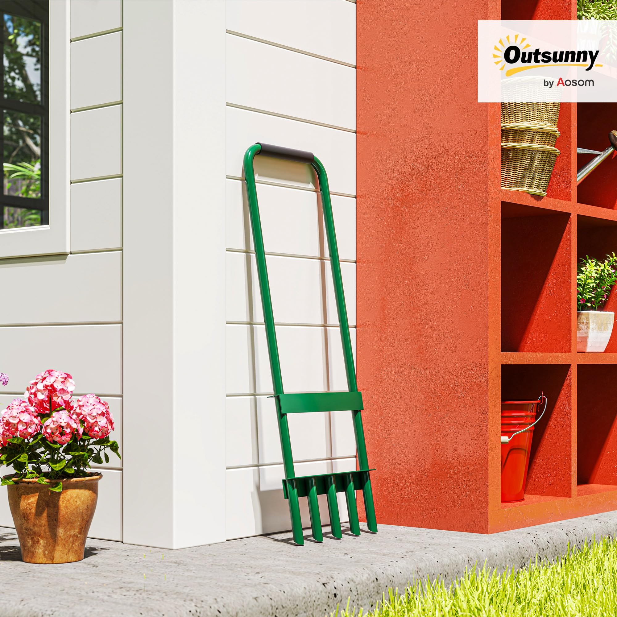 Outsunny Aireador de Césped Manual con 5 Púas Huecas y Mango Antideslizante, Herramienta de Perforación para Césped, Ideal para Cuidado de Jardines y Patios, Verde Oscuro