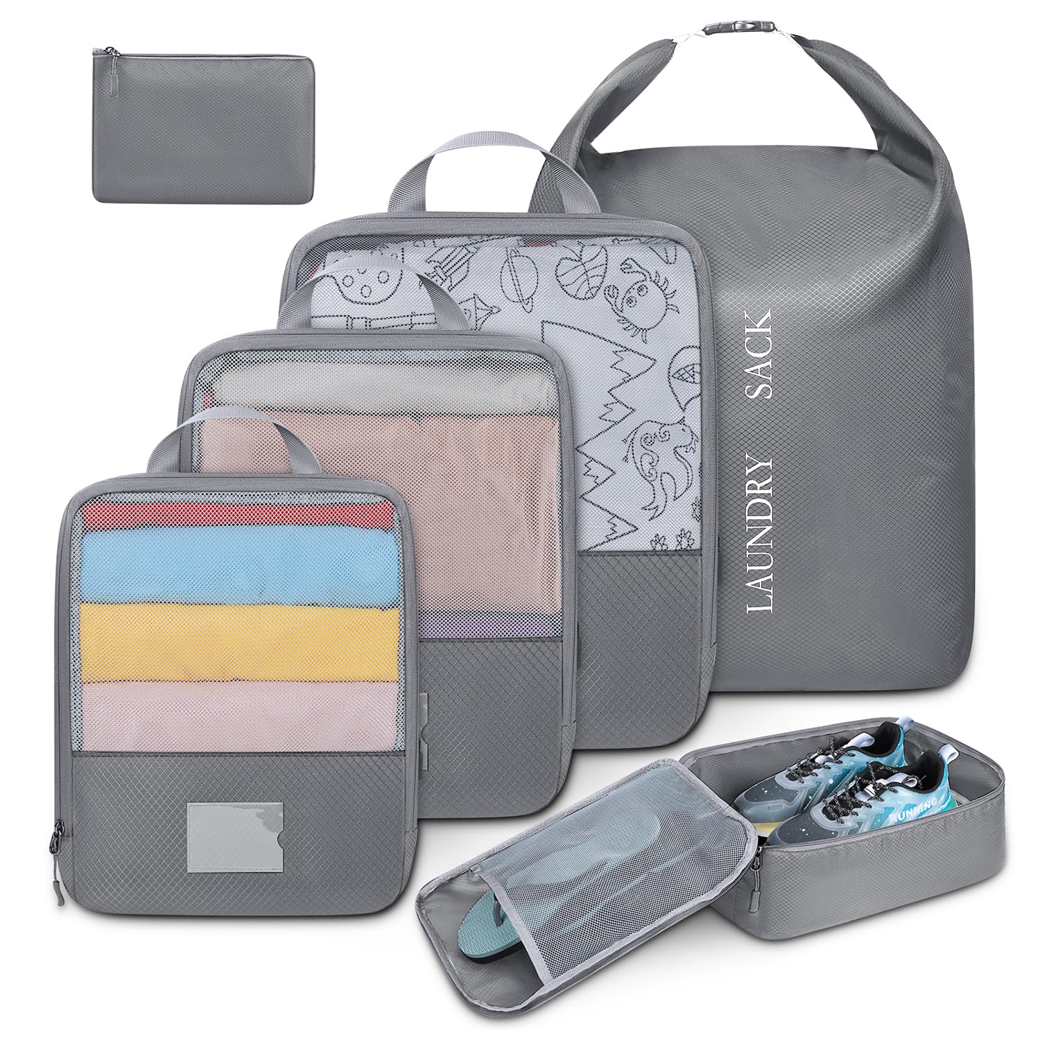 NUBILY Organizer Valigia Poliestere Organizer Viaggio Salvaspazio Organizer per Valigie Organizer Valigia Compressione Packing Cubes Set di 6 Cubi da Viaggio Organizer Valigie Viaggio Grigio