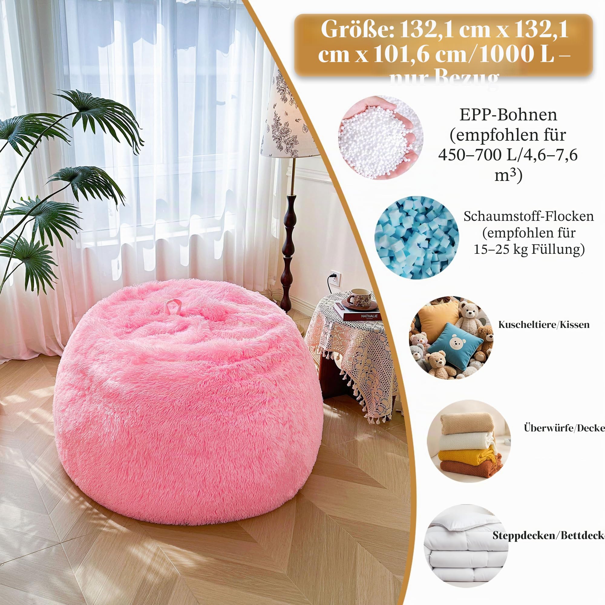 XeGe 5FT Riesenflauschige Sitzsackhülle (ohne Füllung), Ultrasoft Kunstfell Sitzsack zur Plüschtieraufbewahrung, XL Großer Lazy Sofa Sitzsack für Erwachsene Kinder Teens Mädchen, rutschfest, Rosa