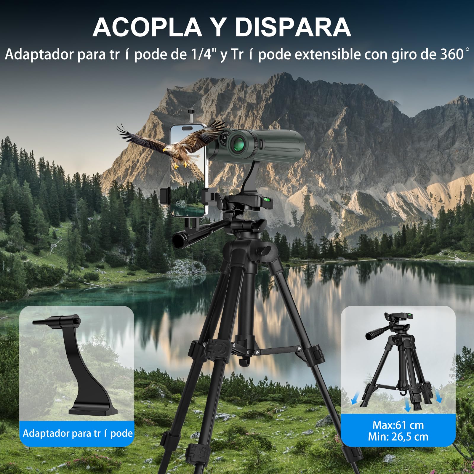 Kits de prismáticos HD de 14 x 45 para Adultos, de Alta Potencia con Adaptador de teléfono, trípode y Adaptador de trípode, prismáticos Impermeables y de Gran visión para observación de Aves, Caza