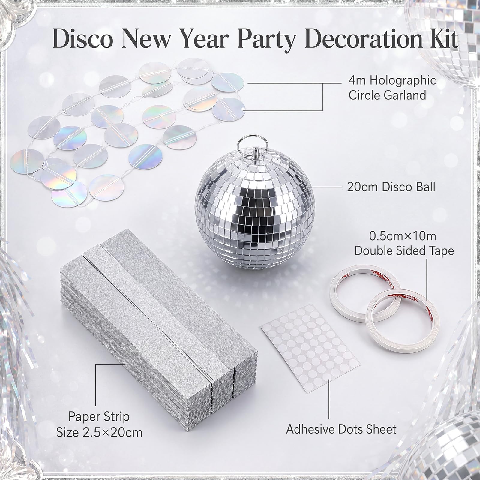 Junkin Kit de 305 piezas de decoración de fiesta de discoteca plateada, guirnalda de cadena de papel iridiscente con bola de discoteca de 8 pulgadas, puntos circulares holográficos para despedida de