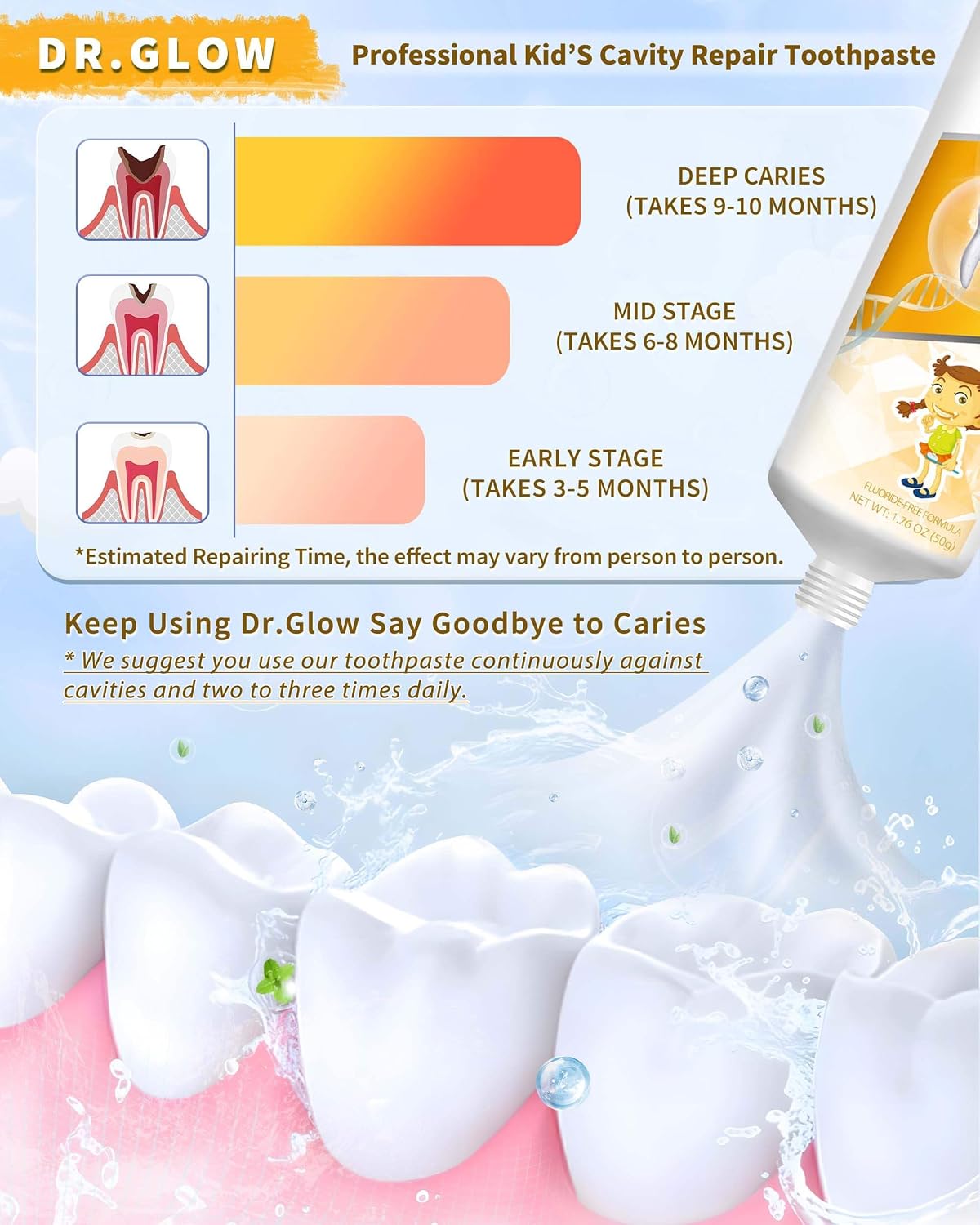 Dr. Glow Kids Toothpaste Cavity Repair Toothpaste, Hydroxyapatite Toothpaste Fluoride Free, Tooth Repair Remineralizing Toddler Toothpaste, Kids Enamel Repair Tooth Decay Treatment Fruit Flavor 1.76oz