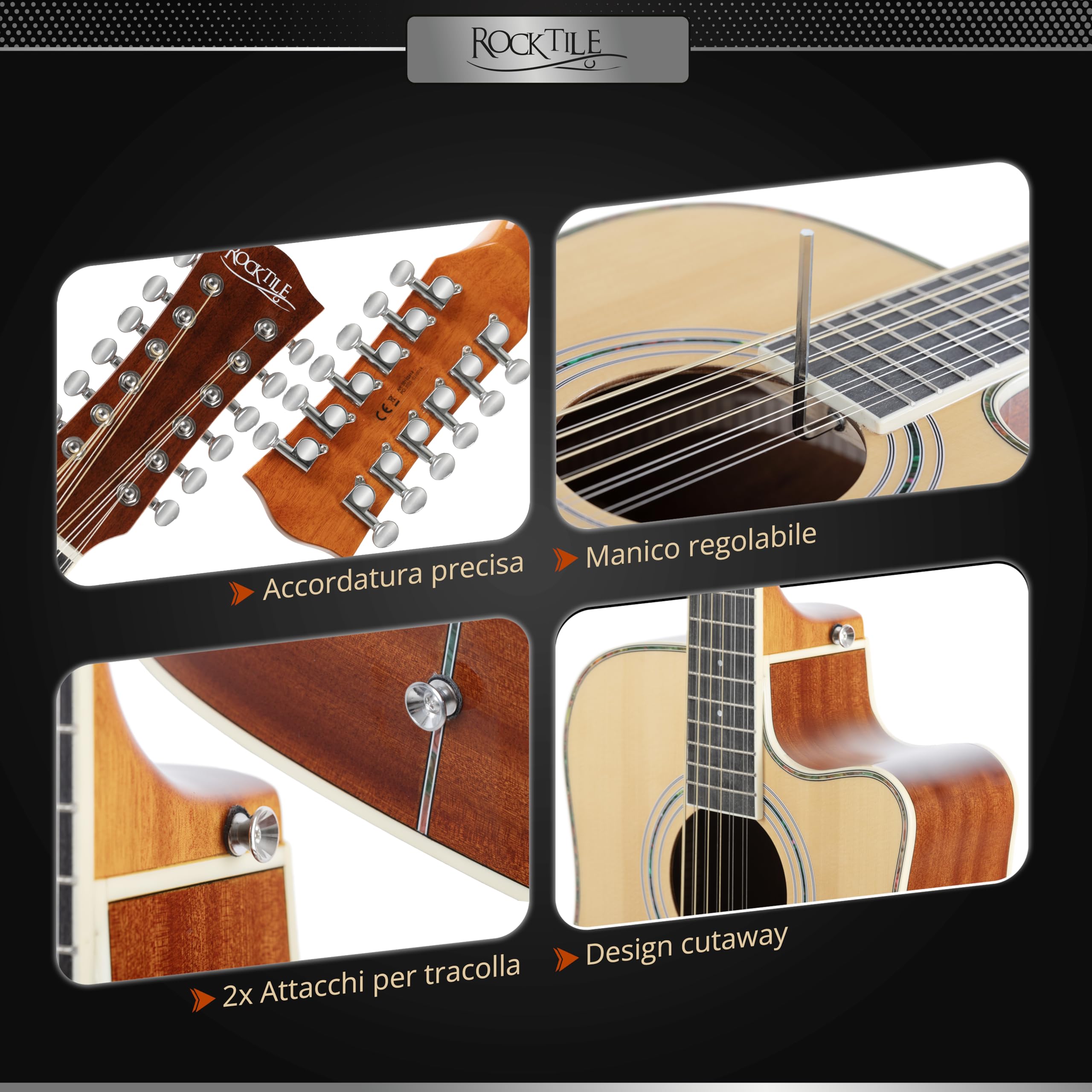 Rocktile WSD12-50C-NT Chitarra Western Naturale, Informazioni Generali | Modello: WSD12-50C-NT, Peso: 2, 36 kg, Numero di corde: 12, Orientamento: Destrimano, Corpo, Tavola: Abete, Manico, Scala: 25
