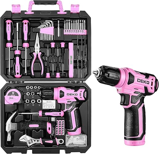 DEKO Pink Tool Kit: 126-Piece DIY Set with 8V Cordless Drill, Electric Drills & Hand Tools for Women - 126 pieces - Pink