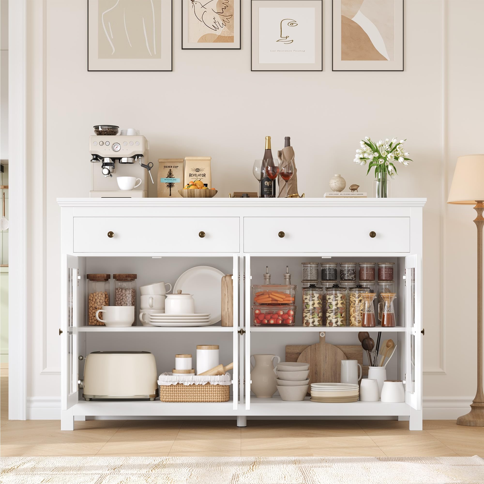 FirFurd Buffet Portes Vitrées Meuble Cuisine Rangement Blanc 140x40x90.7cm | Vaisselier 4 portes et 2 tiroirs | Grand plan de travail | Étagères réglables | Verre trempé | Pour salle à manger, salon
