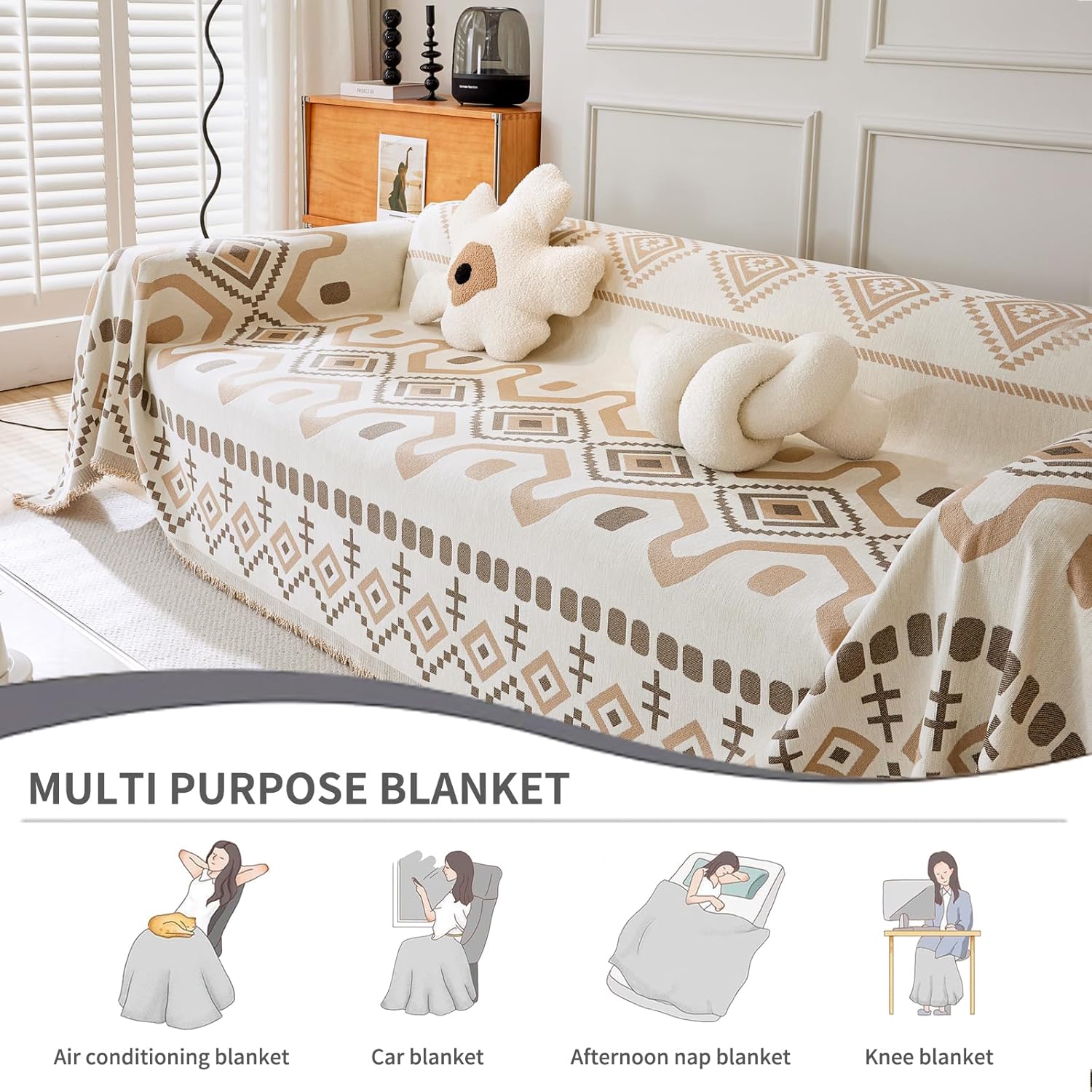 Khaki Chenille Couch Cover Boho Geometric Jacquard Sofa Covers for 3 Cushion Couch Reversible Couch Cover for Cat Dog Pets Cream Sofa Slipcover Sectional Couch Throws Blanket Cover, 71"x134"