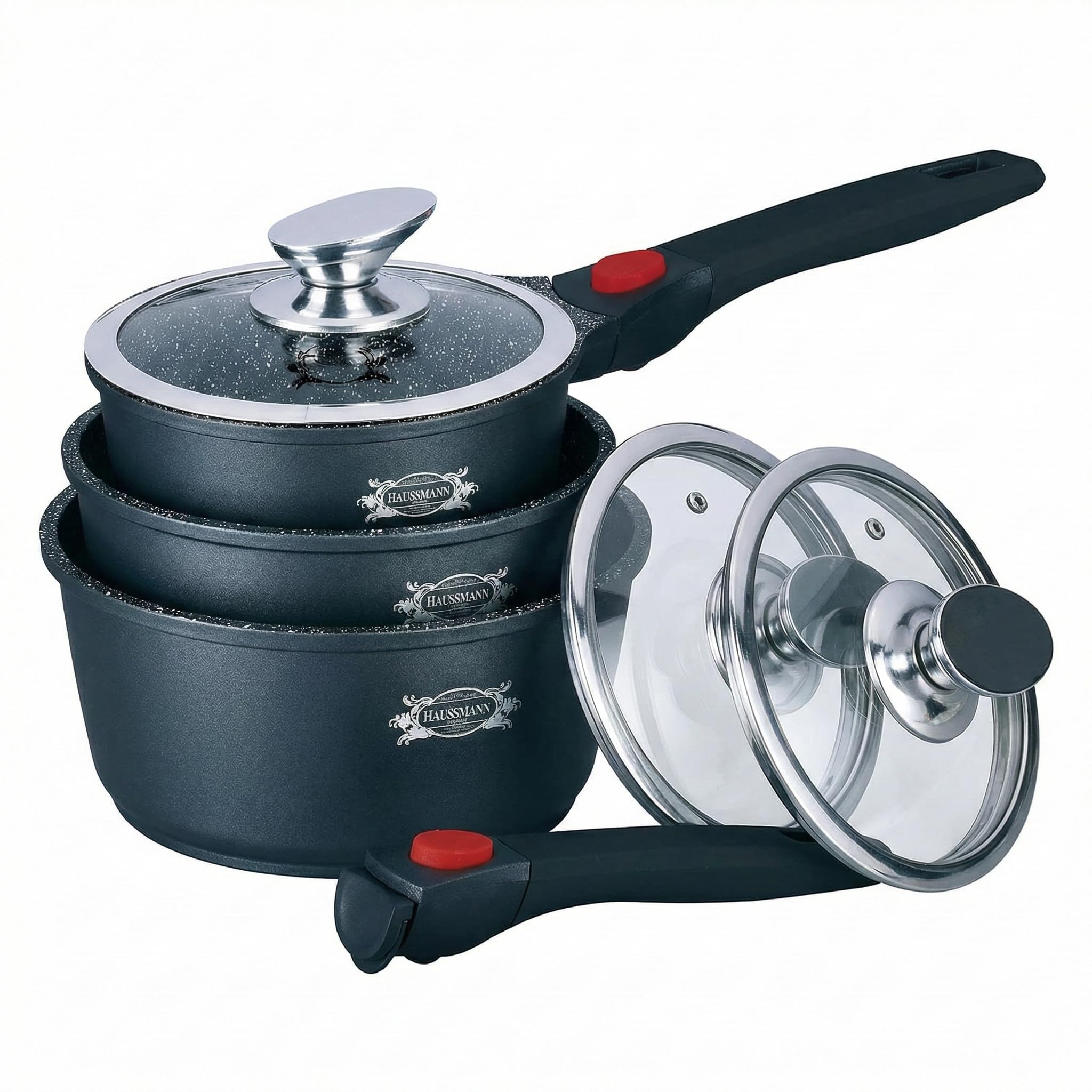 HAUSSMANN Heritage Lot de 3 Casseroles (16/18/20cm) - Fonte d'Alu Façon Pierre - Manches Amovibles & Couvercles Verre - Anti-adhésif Sans PFOA - Tous Feux Induction,Four & Lave-vaisselle - Gain Place