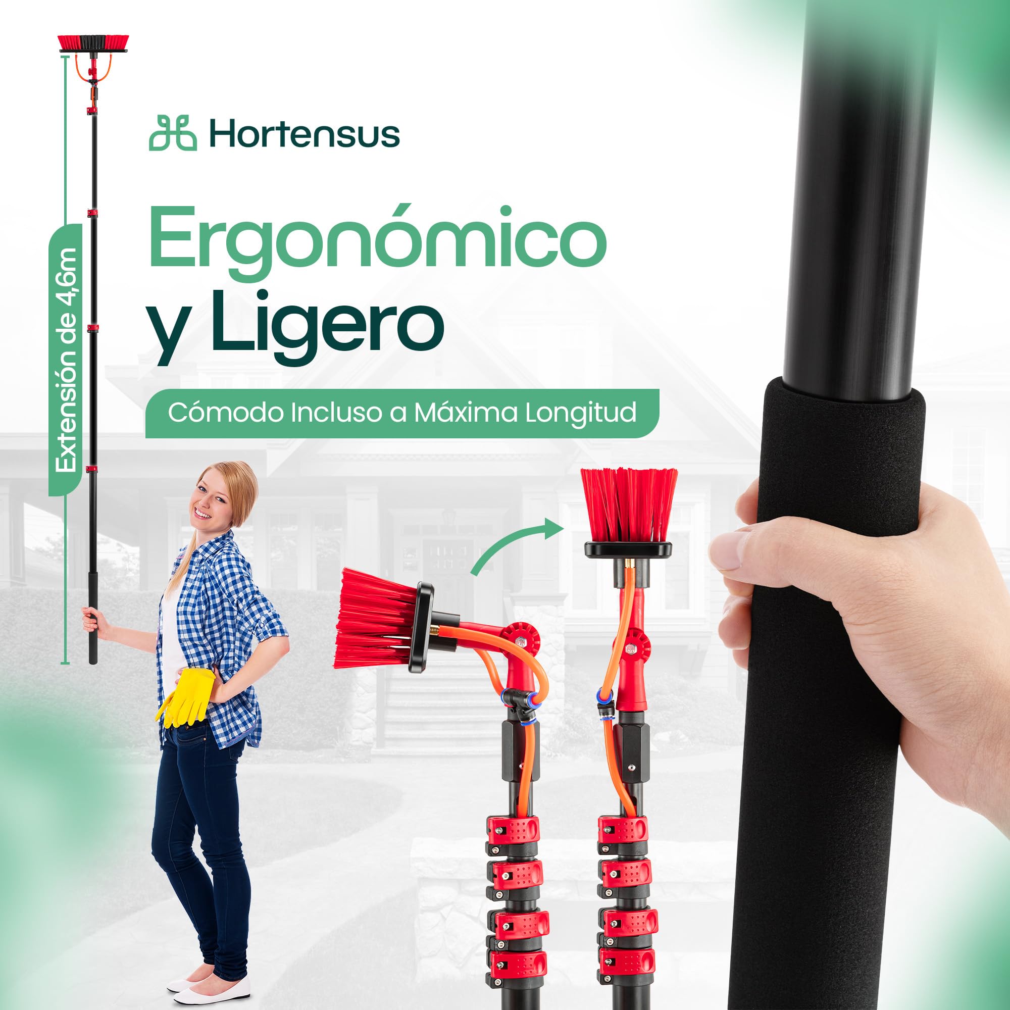 Percha Telescópica 4,6 m con Cepillo High Clean | Escoba Telescópica, Limpieza de Techo y Placas Solares, Cepillo Multifunción