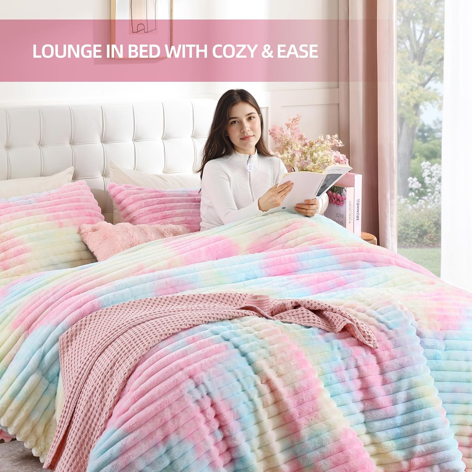 Smoofy Fluffy Queen Size Comforter Set 3 Pieces - Rainbow Fleece Fluffy Comforter Set, Luxury Fuzzy Queen Bedding Set, Soft Warm Queen Bed Set All Season, Heavy Faux Fur Comforter with 2 Pillow Cases - Image 6