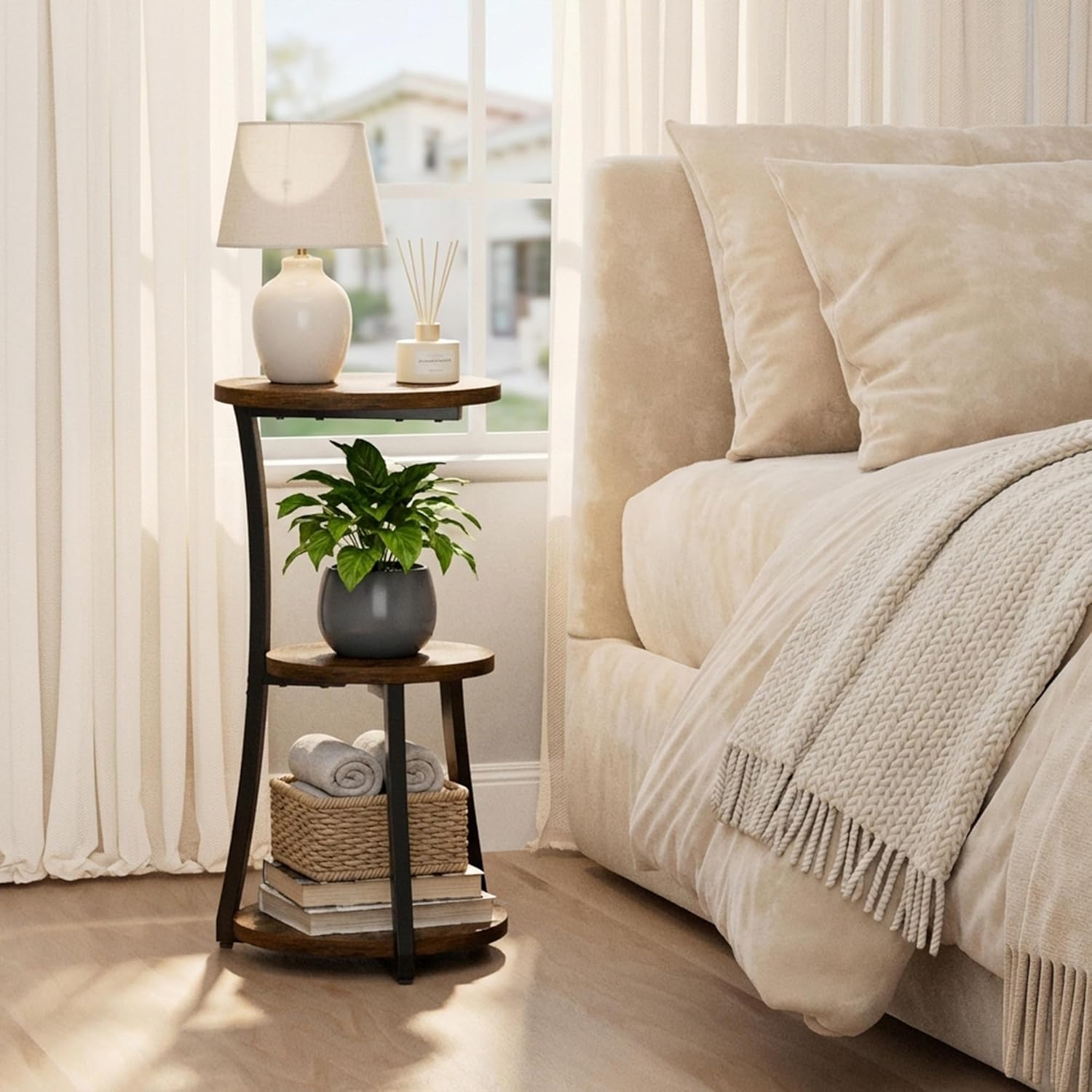 Small Side Table, 11.8" 3-Tier Round End Table for Small Spaces, Vintage Accent Table for Living Room Sofa Couch Bedroom, Corner Nightstand Wood Metal Coffee Table with Storage Shelf, Rustic Brown