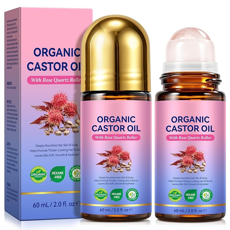 ITSDAWN Óleo de rícino orgânico prensado a frio com esfera de quartzo rosa, 2 unidades de 60 mL