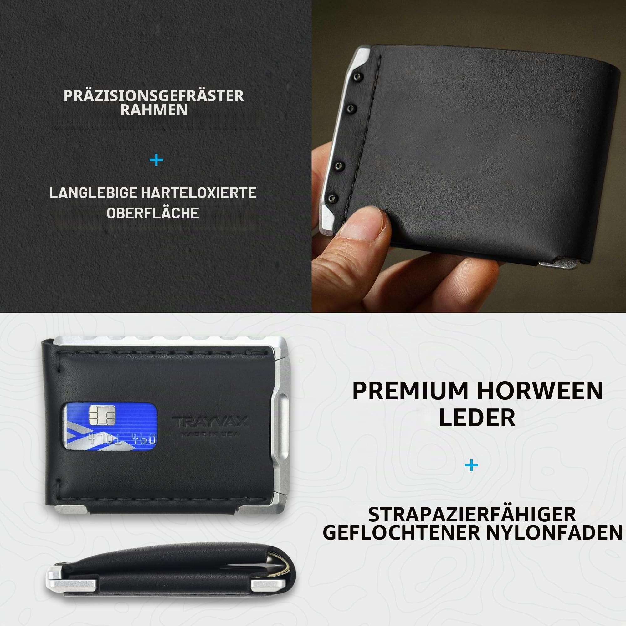 Trayvax Venture Billfold Wallet Fronttasche Geld und Kreditkartenetui Minimalistische Slim Leder Metall Geldbörse für Damen und Herren, Nightfall Schwarz, Compact, Slim, Billfold
