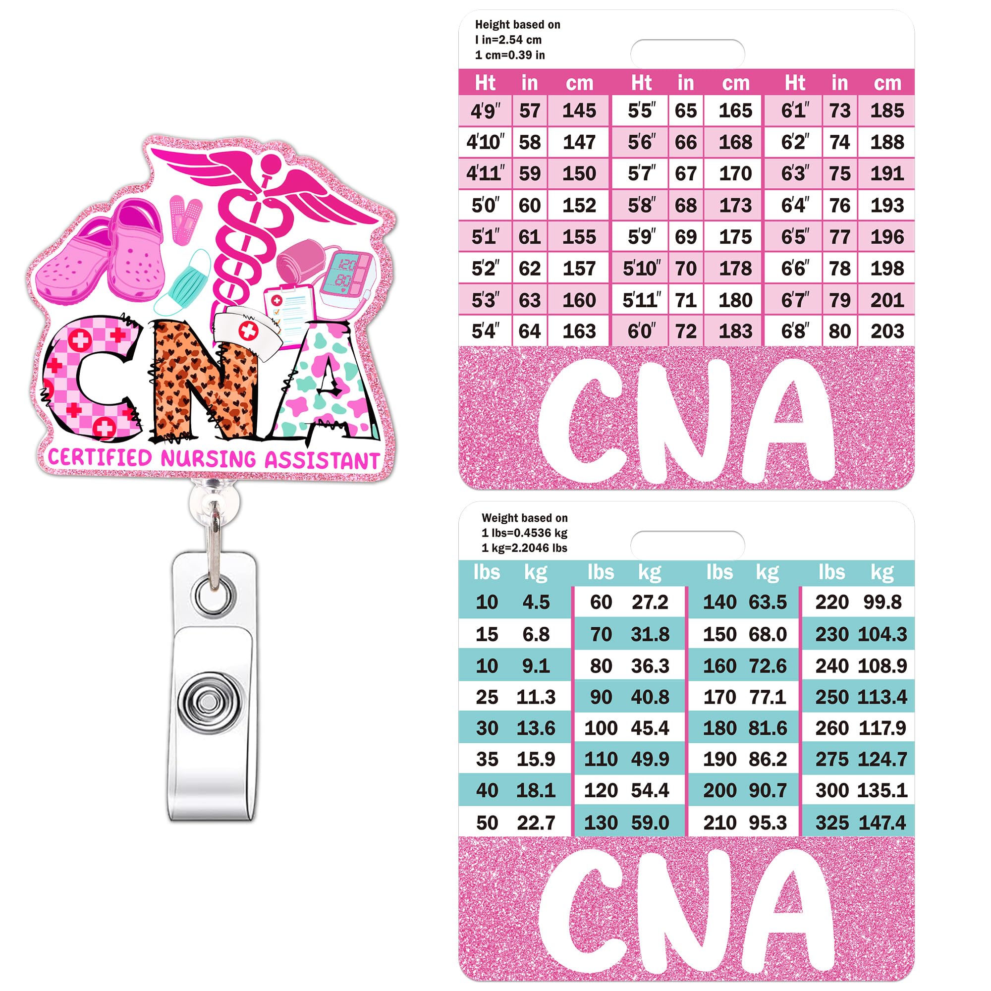 CNA Badge Reel and Buddy, Pink Retractable ID Holder and Badge Buddy w/Height & Weight Conversion Charts, CNA Gifts and Certified Nursing Assistant