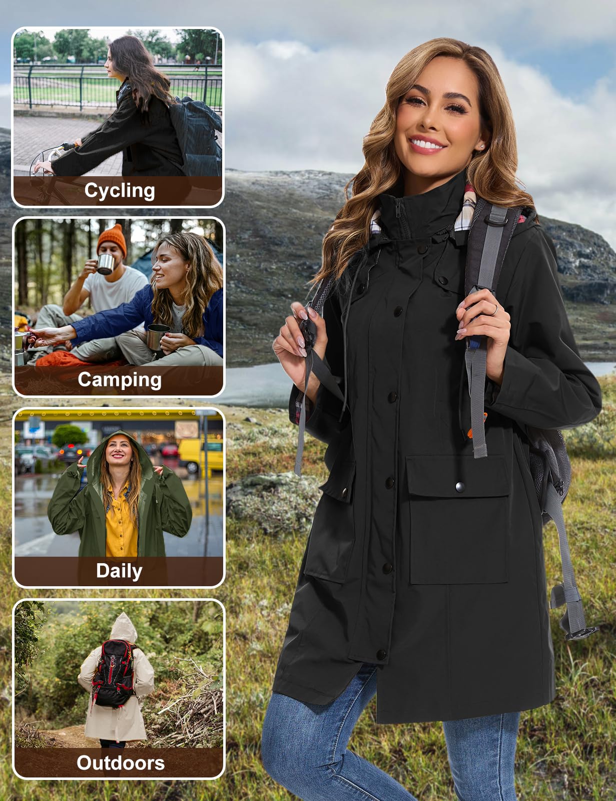 heekpek Veste Femme Imperméable à Capuche Longue Manteau de Pluie Legere Trench Capuche Femme Poncho Pluie Impermeable Coupe Vent Printemps Été Automne