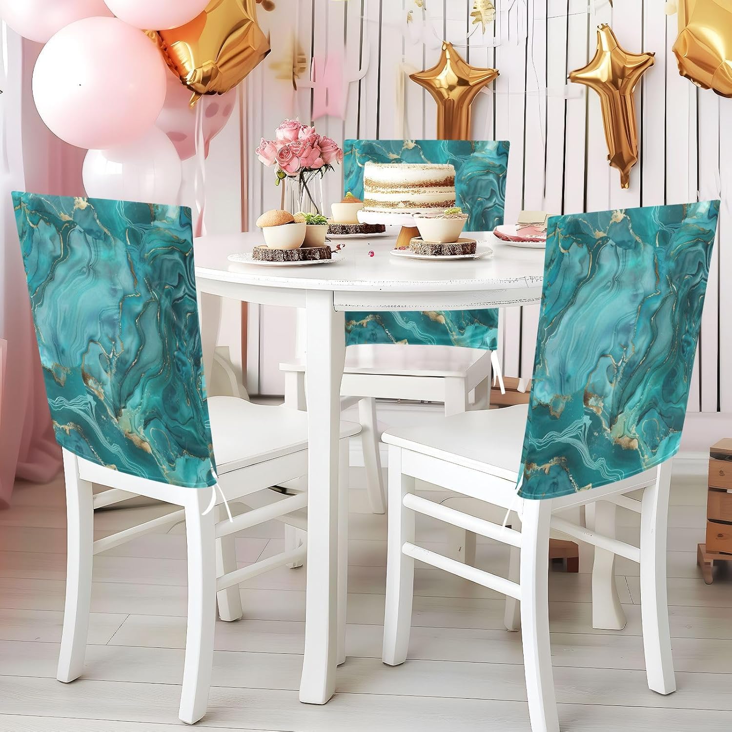 ALAZA Marble Teal Chair Back Cover Set of 6, Washable Reusable Removable Chair Slipcovers Decorative Chair Cover for Home Kitchen Wedding Party