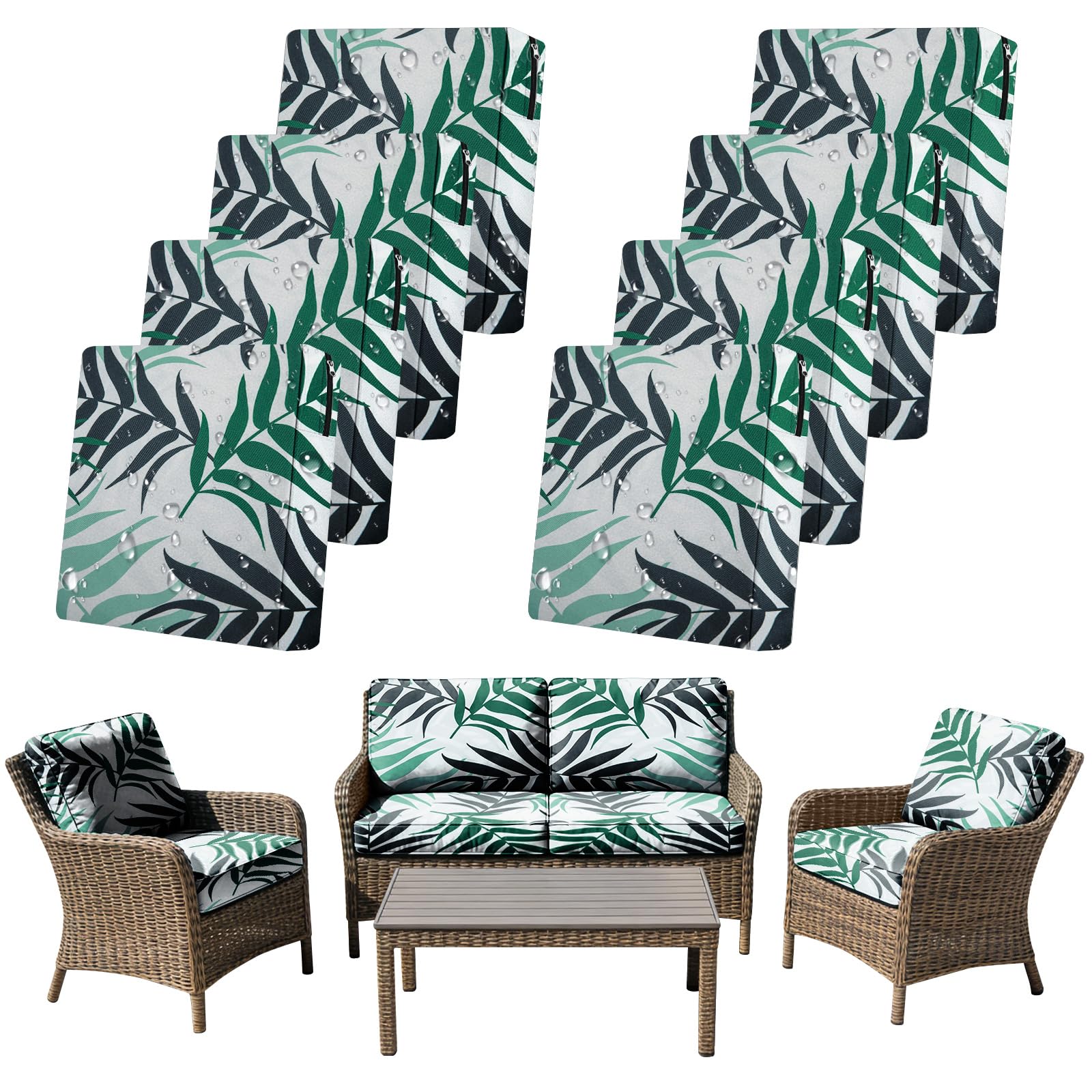 SYLC 8Pcs Outdoor Cushion Covers Waterproof Patio Cushion Covers Replacement with Zipper, Garden Rattan Sofa Seat Slipcovers Furniture Protector (Green leaf,4pcs 60×55×10cm＋4pcs 55×50×10cm)