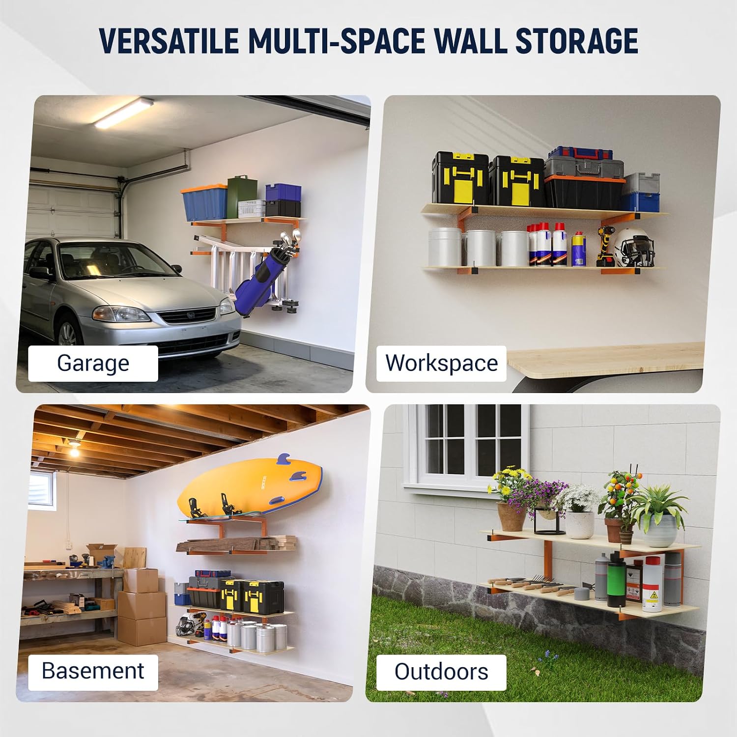 2 Pack Lumber Storage Rack, 4 Tier Wall Mount Wood Organizer, 440 LBS | 9.8" Large storage space, sturdy one-piece design, stopper pins for secure hanging. Fits garages, workshops and sheds