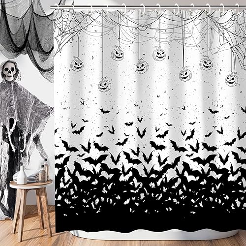 Cortina de ducha de Halloween, cortina de ducha de murciélago aterrador con 12 ganchos, cortinas de ducha de calabaza de terror de Halloween para