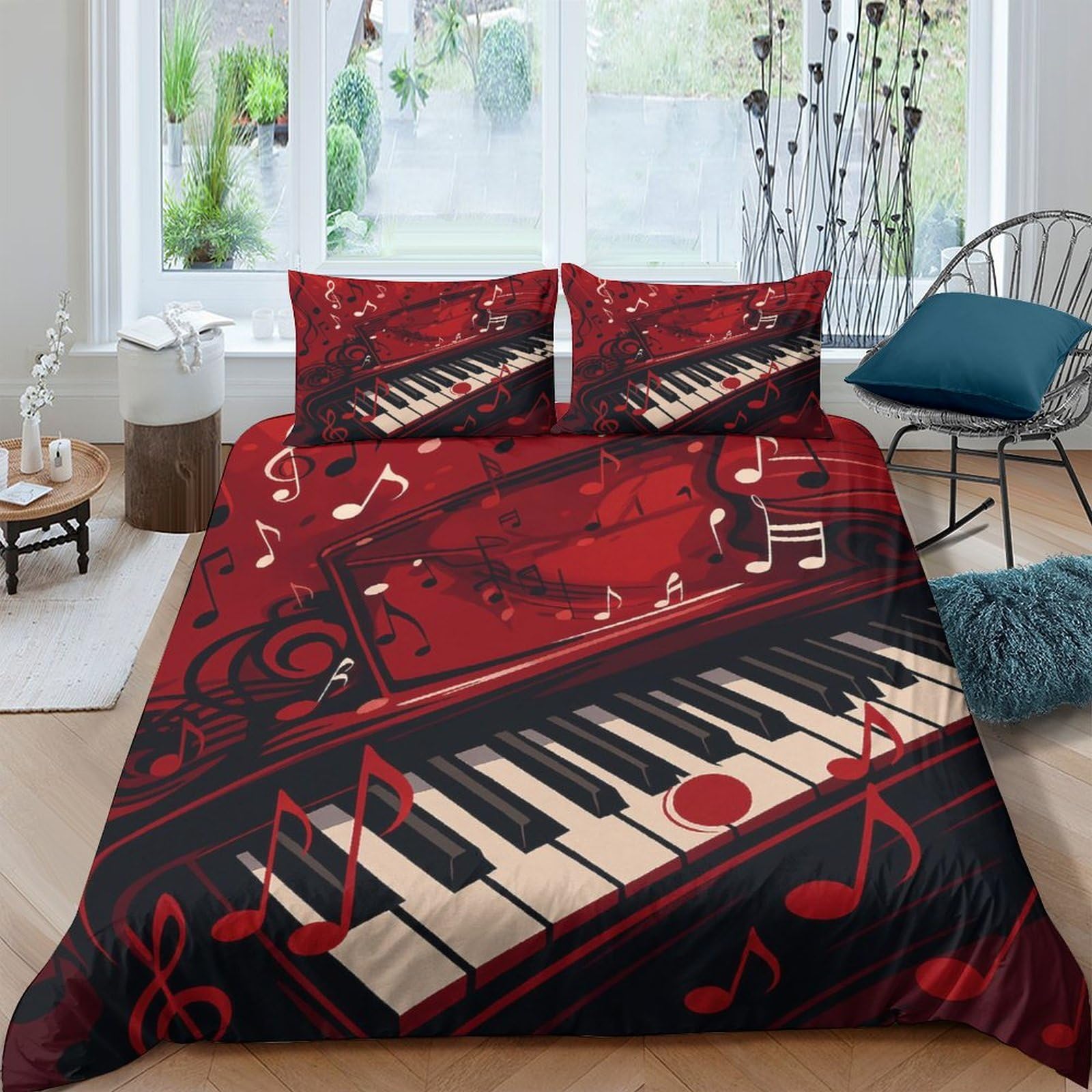 Ctjqhvkz Style-2 3D Printed Red Piano Keys Fitted Sheet Microfiber Soft Musical Notes Bed Cover For Bedroom Guest Room Decor Single（135X200cm）