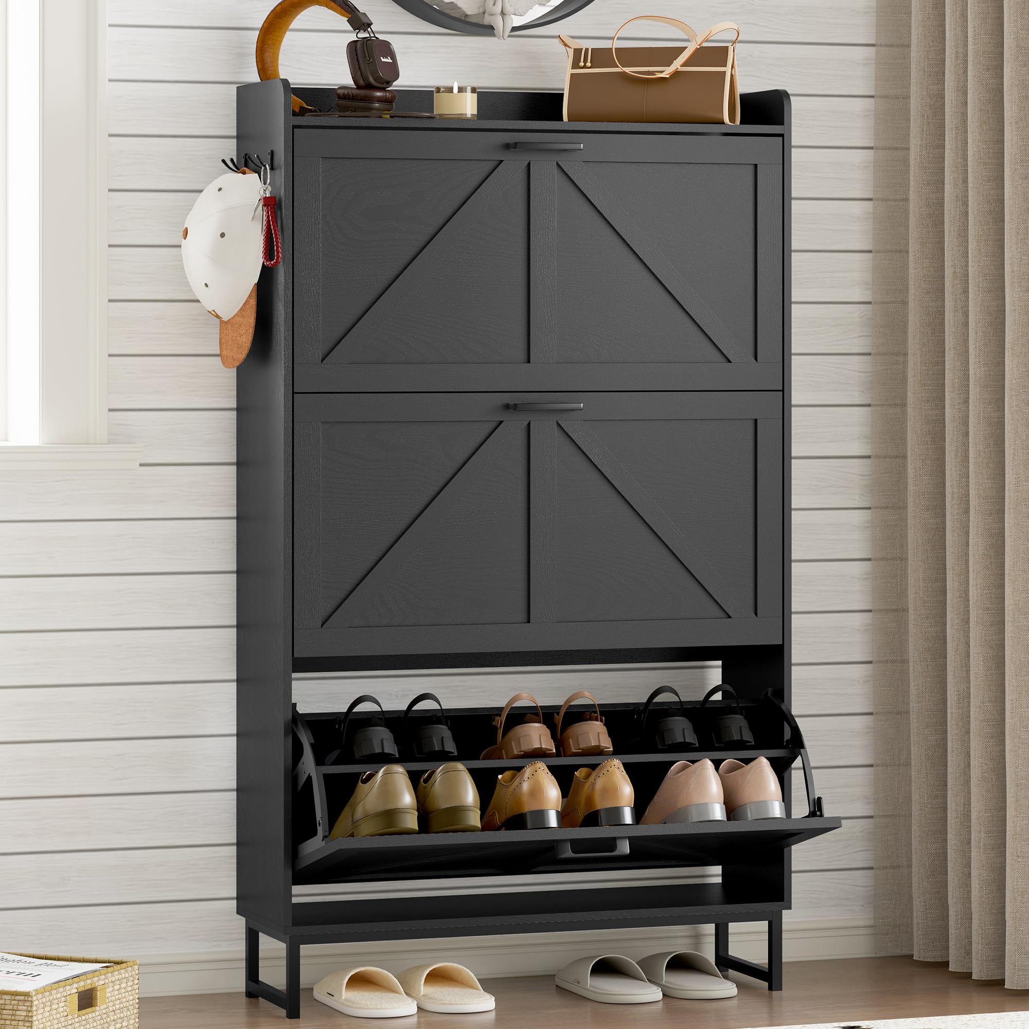 BORNOON Shoe Cabinet with 3 Flip Drawers Narrow Shoe Storage Cabinet Organizer Wooden Freestanding Shoe Rack Hidden Slim Shoes Storage Cabinet for