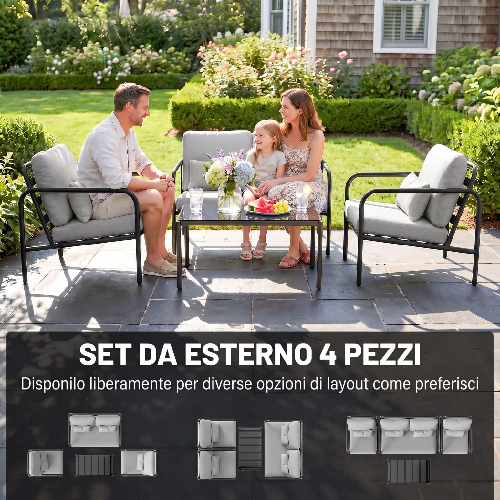 Outsunny Set Salotto da Giardino 4 Pezzi Divano 2 Posti Grigio Chiaro | Set di Mobili da Giardino in Acciaio, 2 Poltrone, Tavolino in Vetro, Cuscini Spessi, Cuscini Lombari, Salottino da Esterno