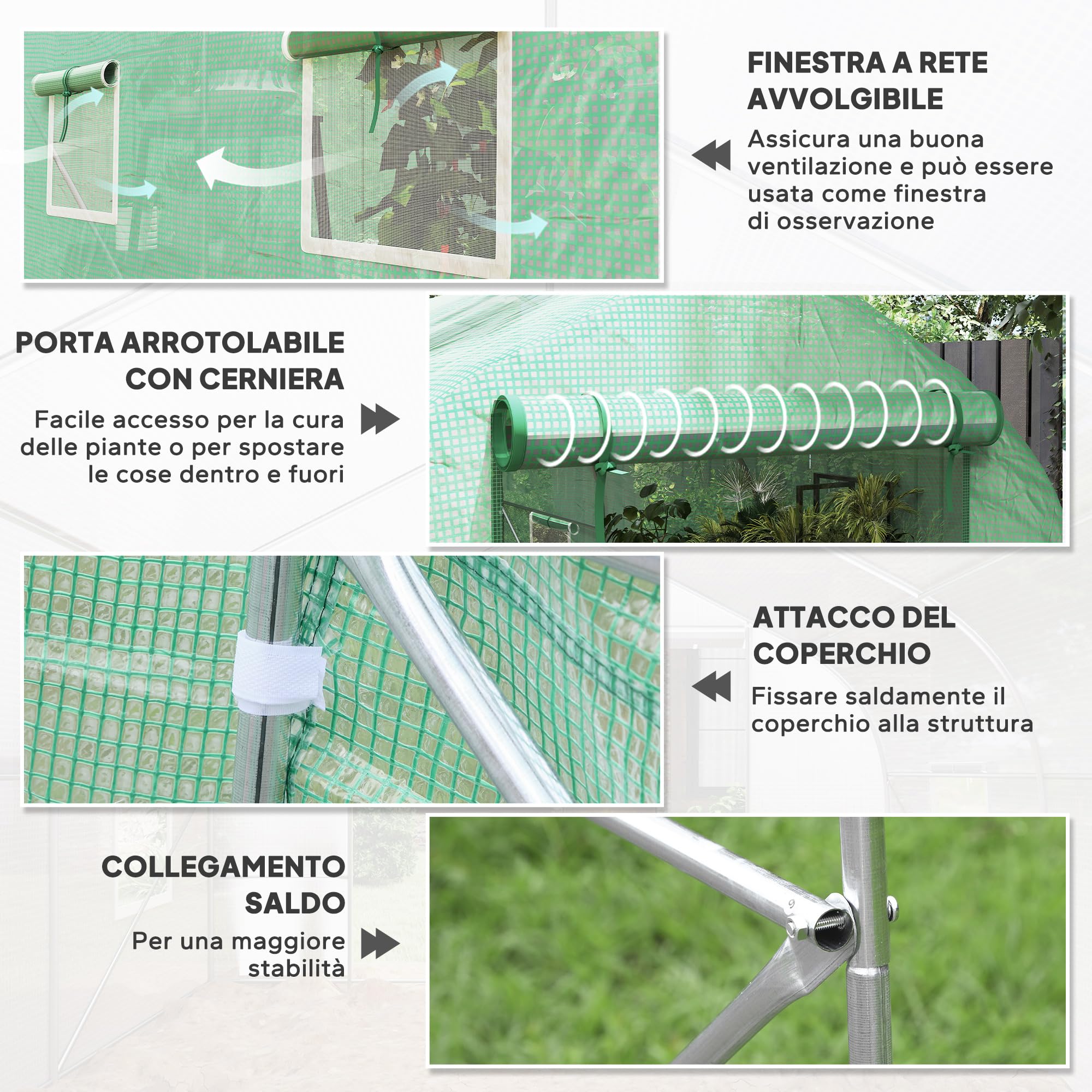 Outsunny Serra da Giardino a Tunnel 4x2x2 m con Porte Avvolgibili e 6 Finestre, Serra per Orto con Tetto a Spiovente, Struttura in Metallo e Copertura PE, per Orto Verdure Fiori Frutta, Verde