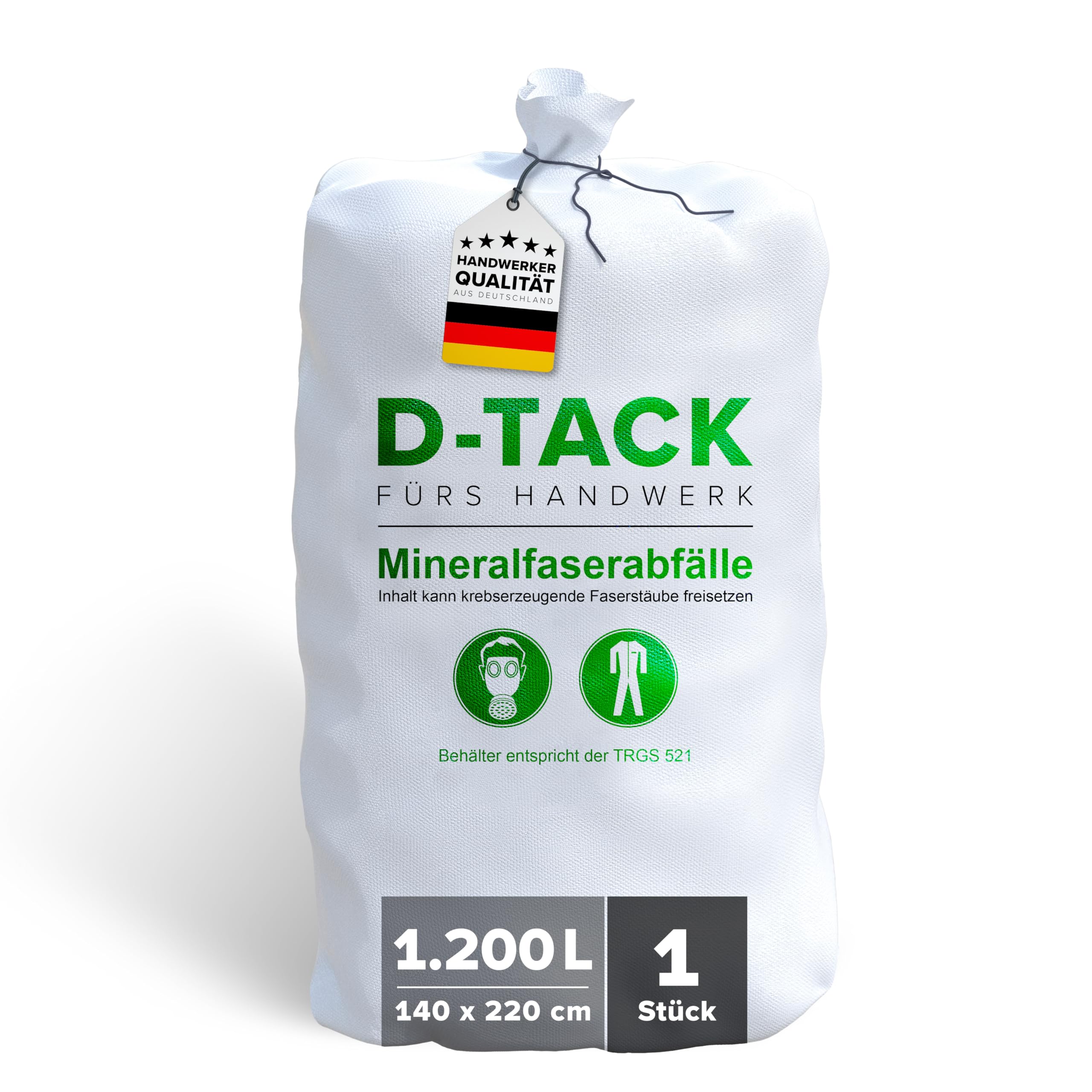 D-TACK 1x KMF Big Bag | 140 x 220 cm | Mineralwollsack aus PP-Gewebe | UV-stabilisiert | Säcke für Mineralfaserabfälle, Glaswolle und Isolierwolle | 1 m³ | 1200l