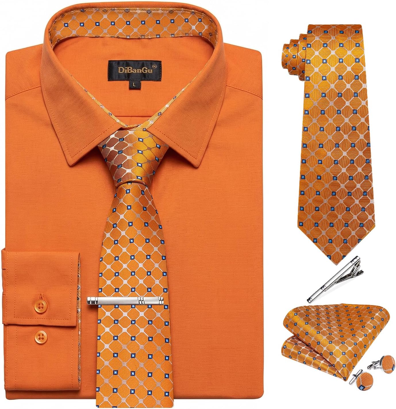 DiBanGu Mens Long Sleeve Dress Shirt and Tie Set Casual Botton Down Shirts for Men Solid Business Shirt with Matching Tie