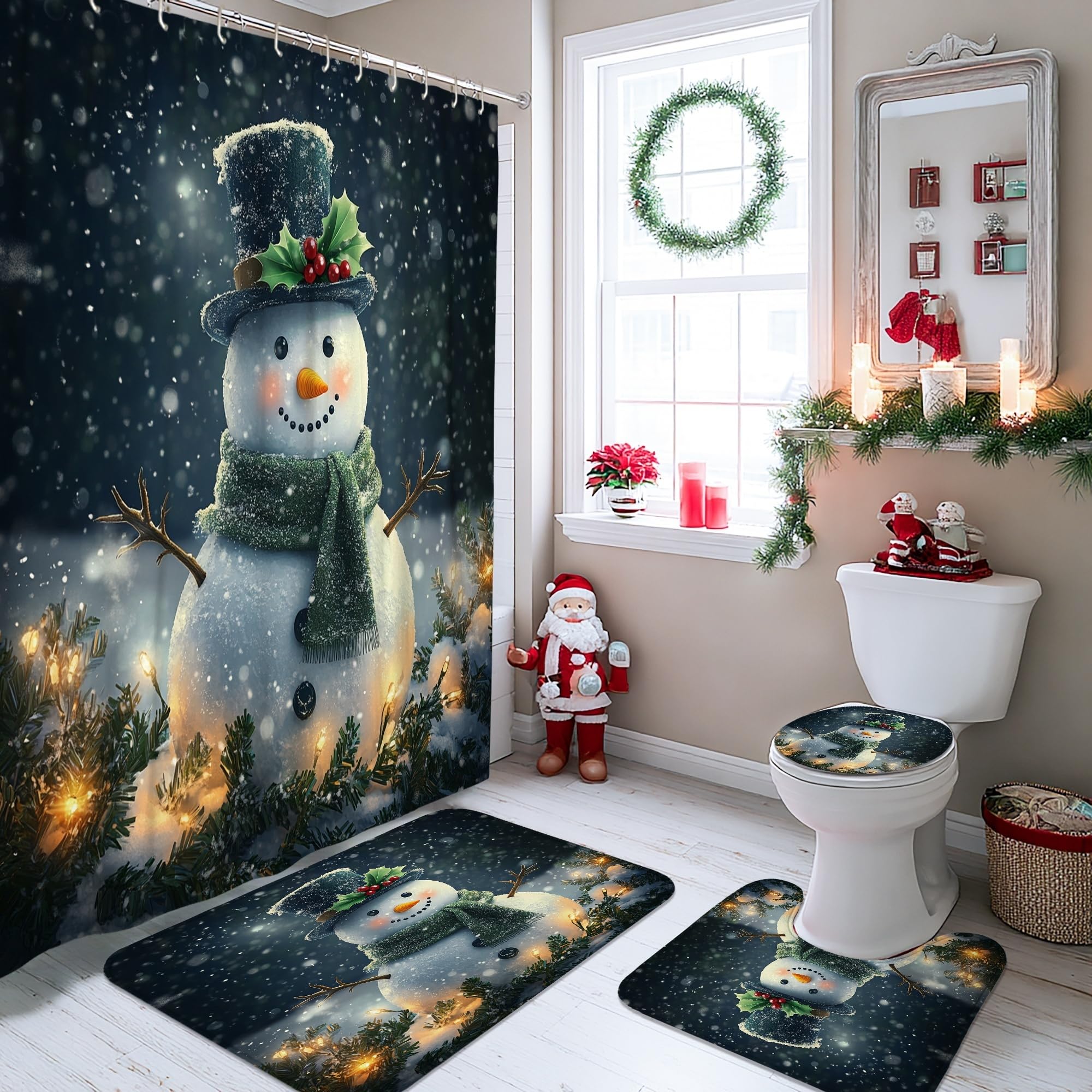 Rideau de douche bonhomme de neige lavable en machine avec tapis de bain