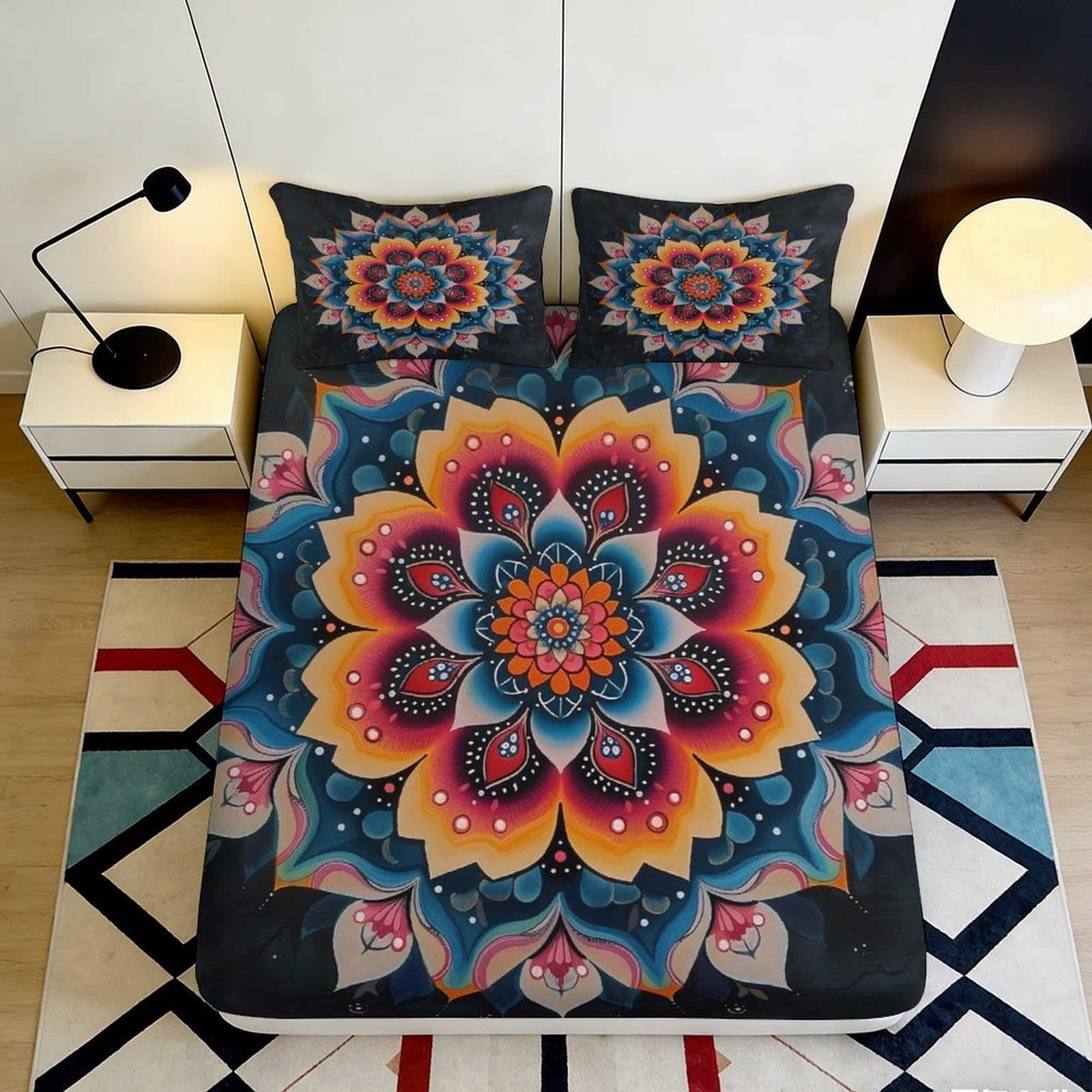 3D Printed Mandala Floral Fitted Sheet Microfiber Soft Durable Colorful Lotus Mattress Cover for Bedroom Dormitory Guest Room Protection Decoration 200x200x25cm