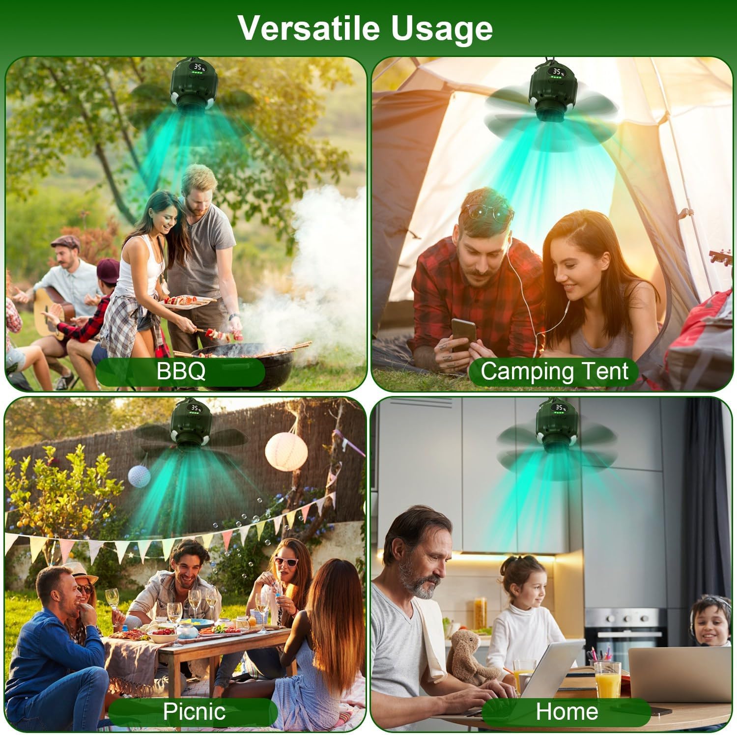 KOCASO Portable Camping Ceiling LED Fan, 5200mAh Hanging Tent Lantern with 3 Light Brightness & Fan Speed, USB Rechargeable Perfect for Camping, Canopy Tents, RV