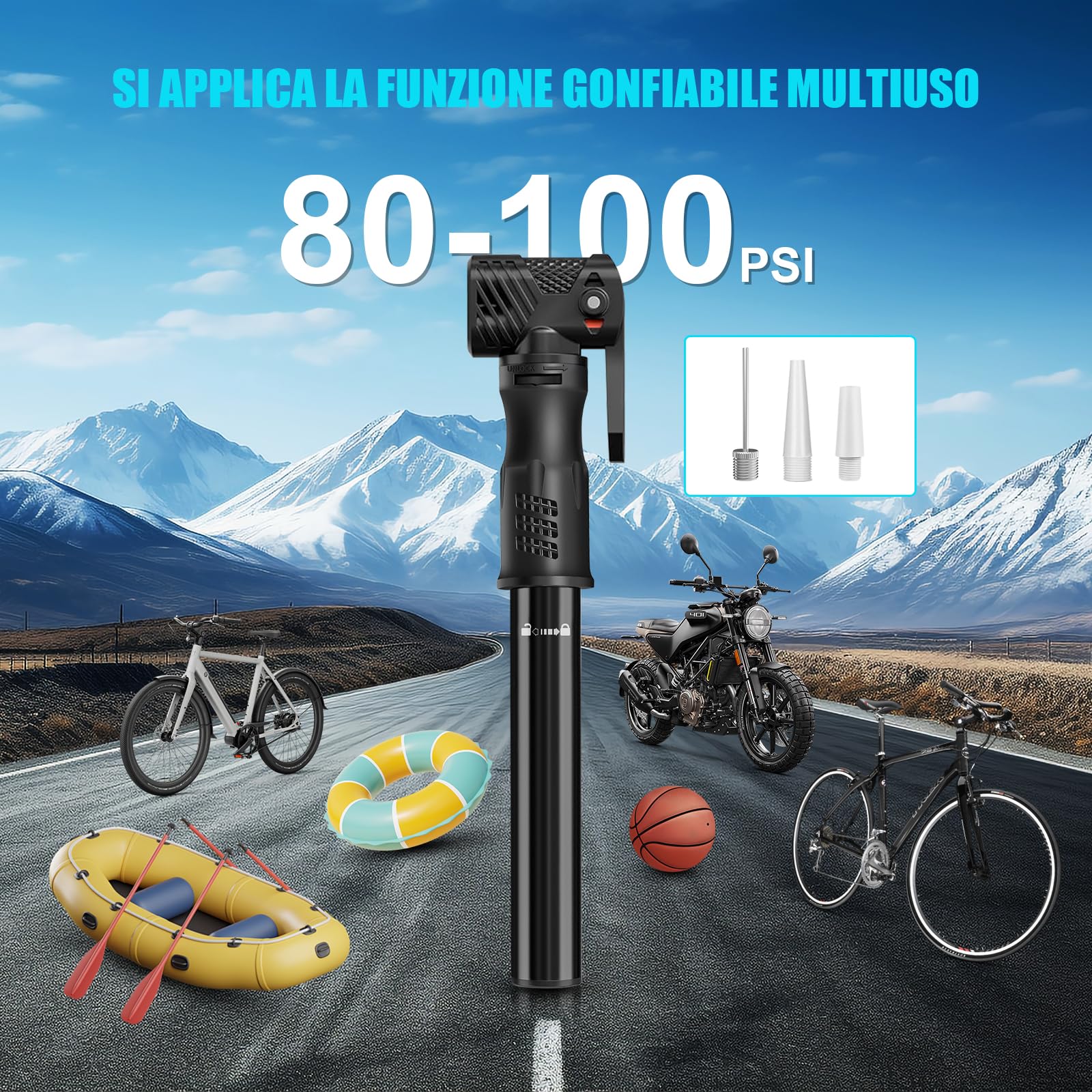 Pompa per Bicicletta con Manometro, [100 PSI] [Con Accessori] Diyife Mini Pompa Bici, Pompa Bici Portatile, Pompa da Bicicletta per Valvole Presta e Schrader, per Bici da Strada, MTB, BMX e Palloni