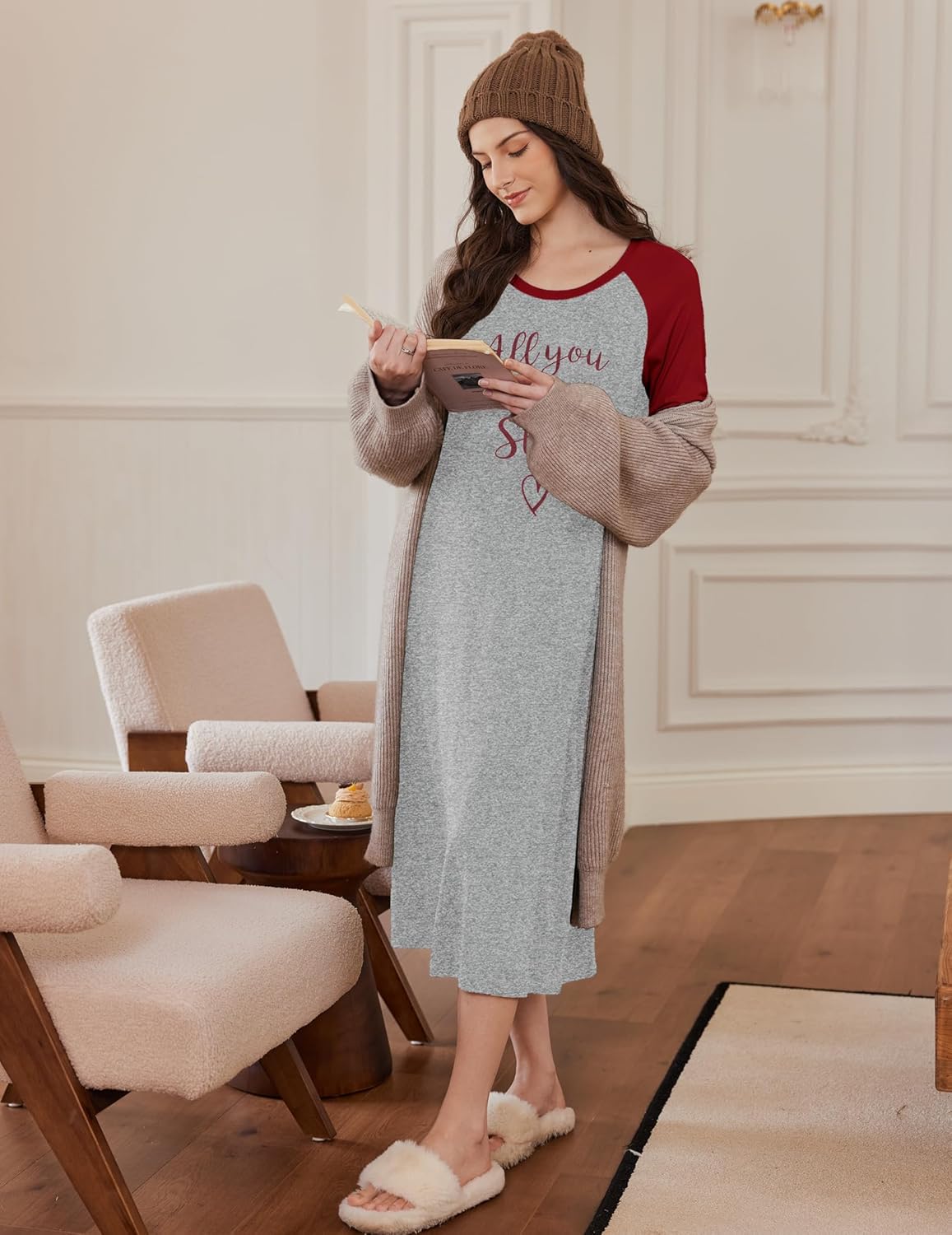 Ekouaer Long Sleeve Nightgowns for Women Calf Length Sleep Shirts Crew Neck Soft Nightshirts S-XXL - Image 2