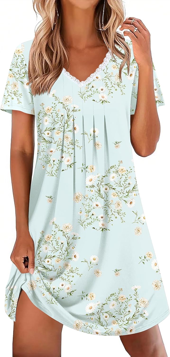 Ekouaer Nightgowns for Women Cotton Night Gowns Short Sleeve Pleated Sleep Shirts Lace Trim Moo Moos Ladies Sleepwear